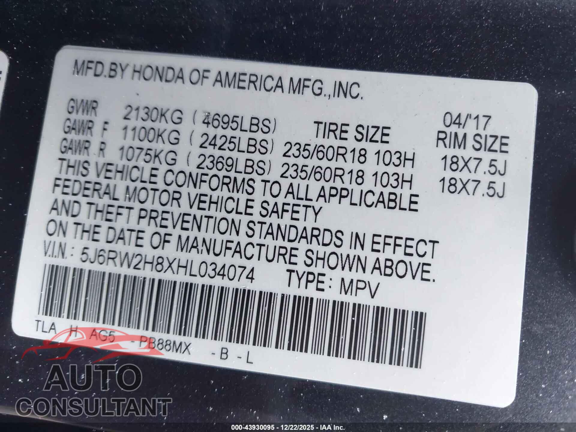 HONDA CR-V 2017 - 5J6RW2H8XHL034074