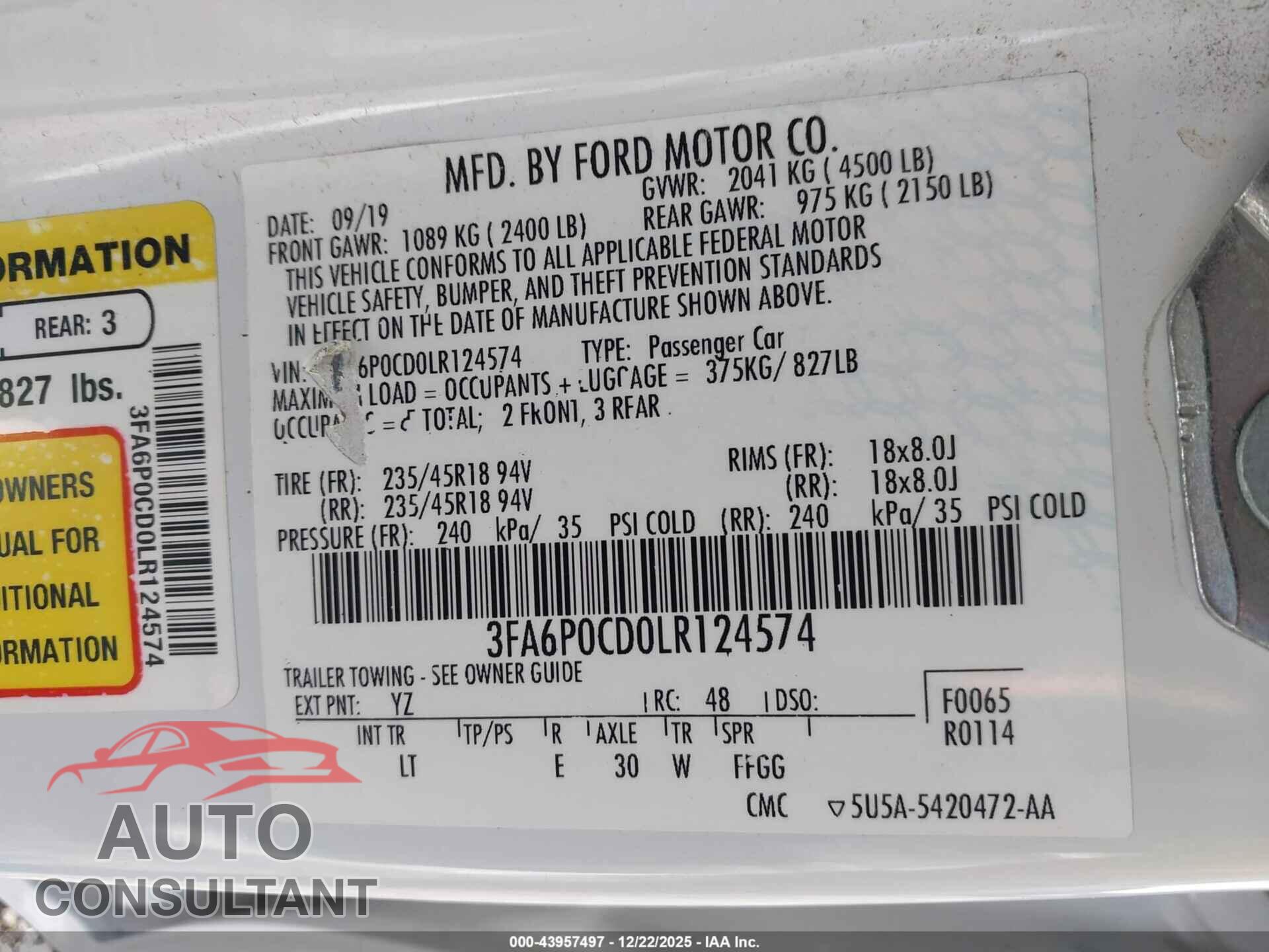 FORD FUSION 2020 - 3FA6P0CD0LR124574