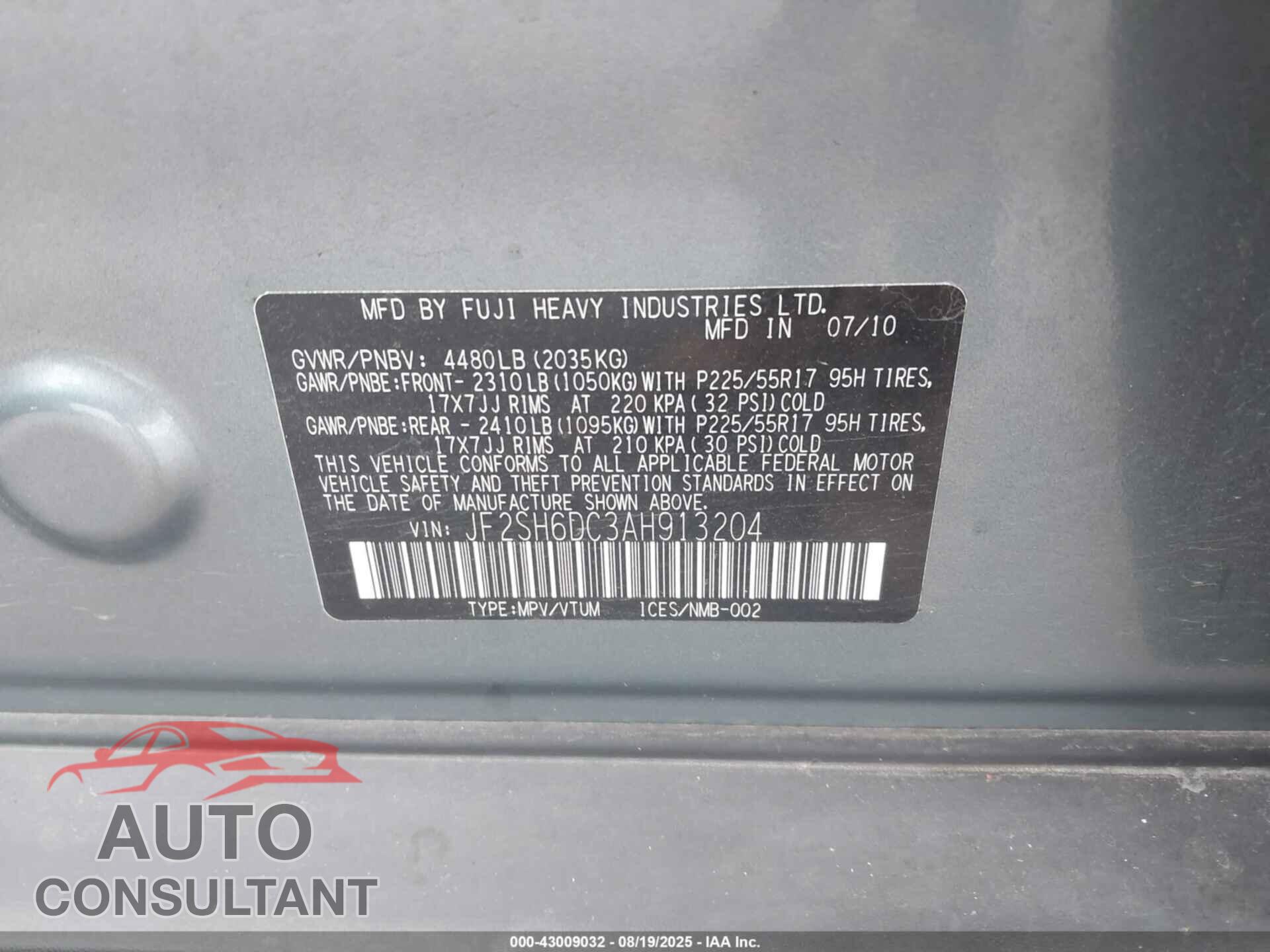SUBARU FORESTER 2010 - JF2SH6DC3AH913204