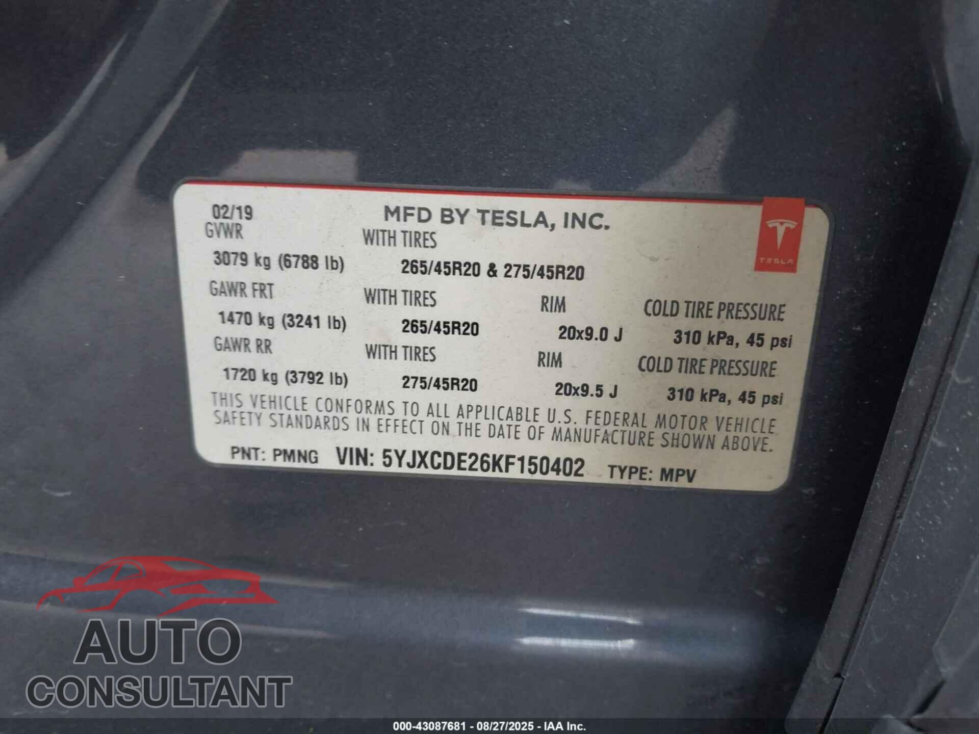 TESLA MODEL X 2019 - 5YJXCDE26KF150402
