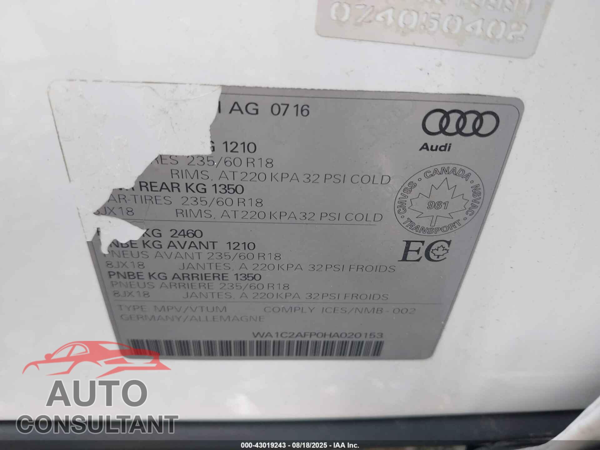 AUDI Q5 2017 - WA1C2AFP0HA020153