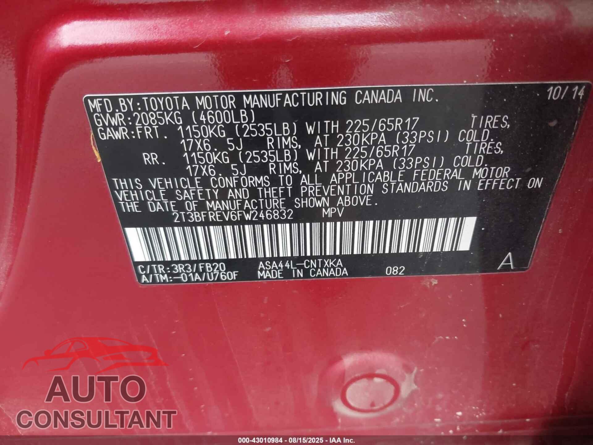 TOYOTA RAV4 2015 - 2T3BFREV6FW246832