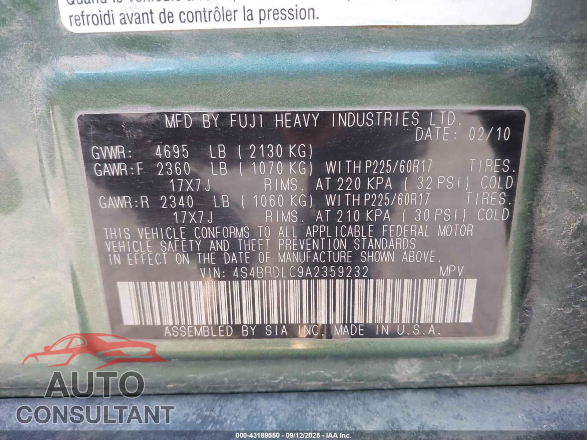 SUBARU OUTBACK 2010 - 4S4BRDLC9A2359232