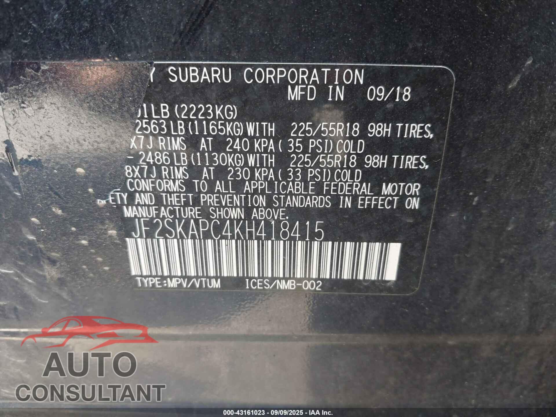SUBARU FORESTER 2019 - JF2SKAPC4KH418415