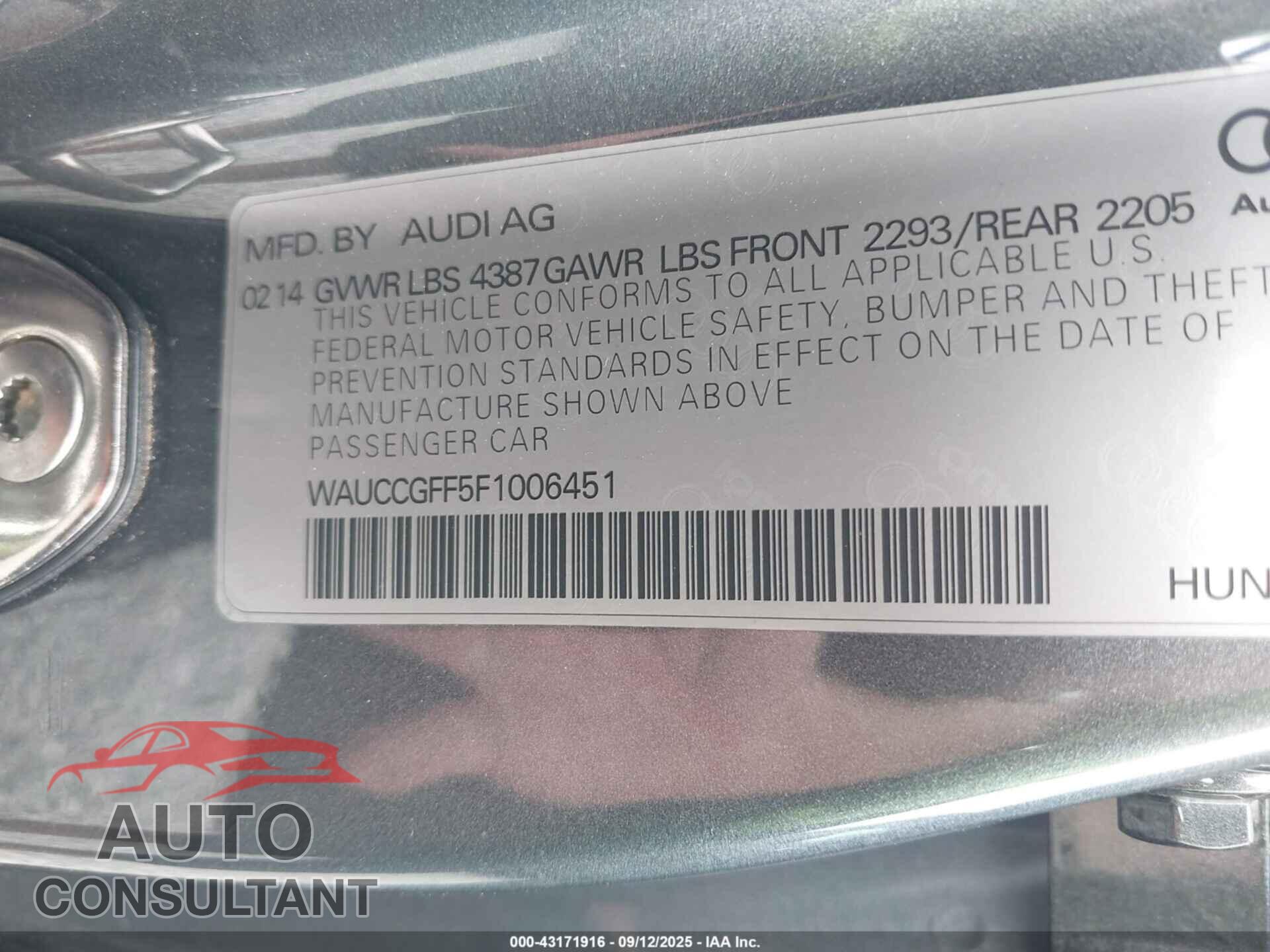 AUDI A3 2015 - WAUCCGFF5F1006451
