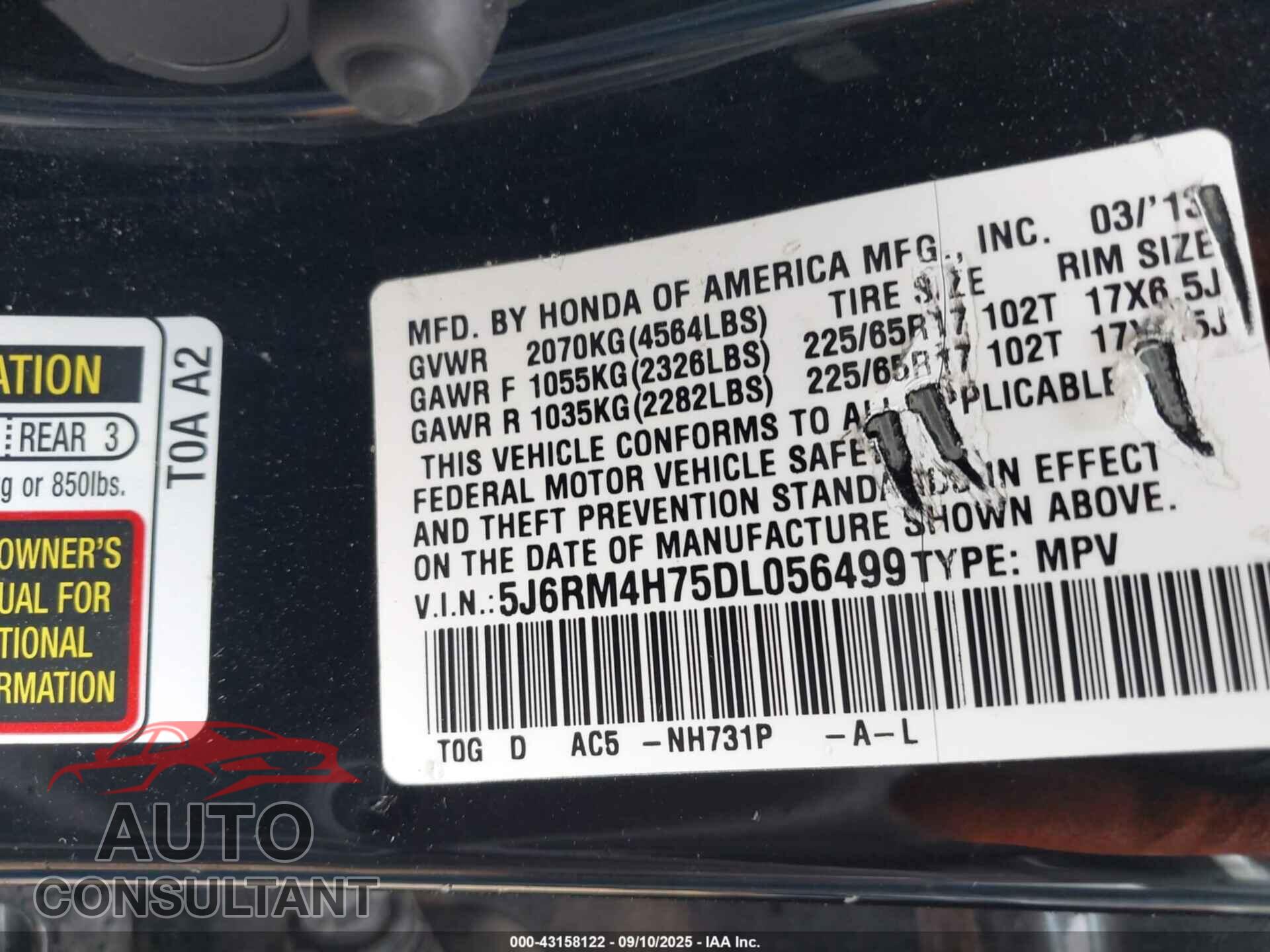 HONDA CR-V 2013 - 5J6RM4H75DL056499