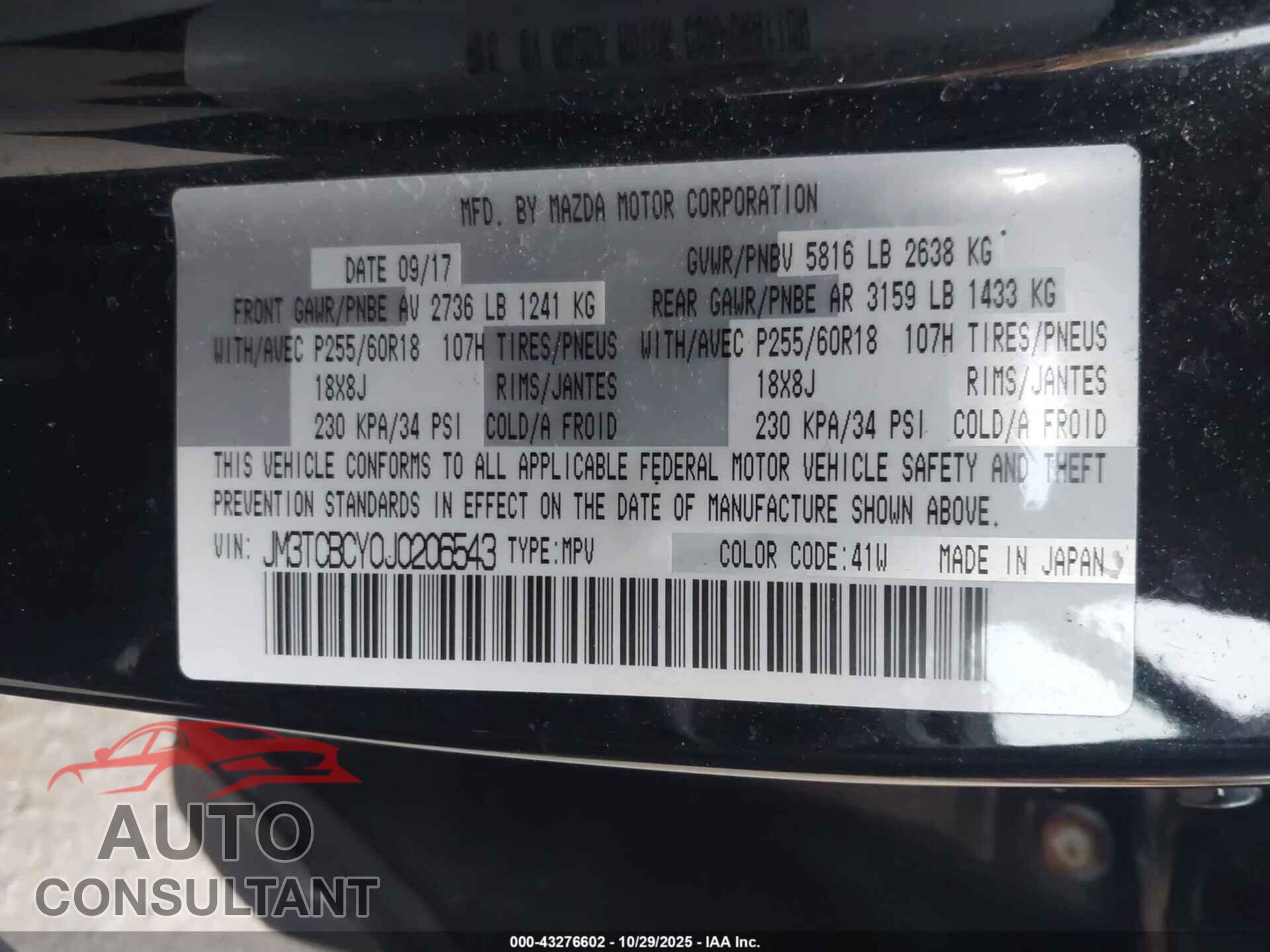 MAZDA CX-9 2018 - JM3TCBCY0J0206543
