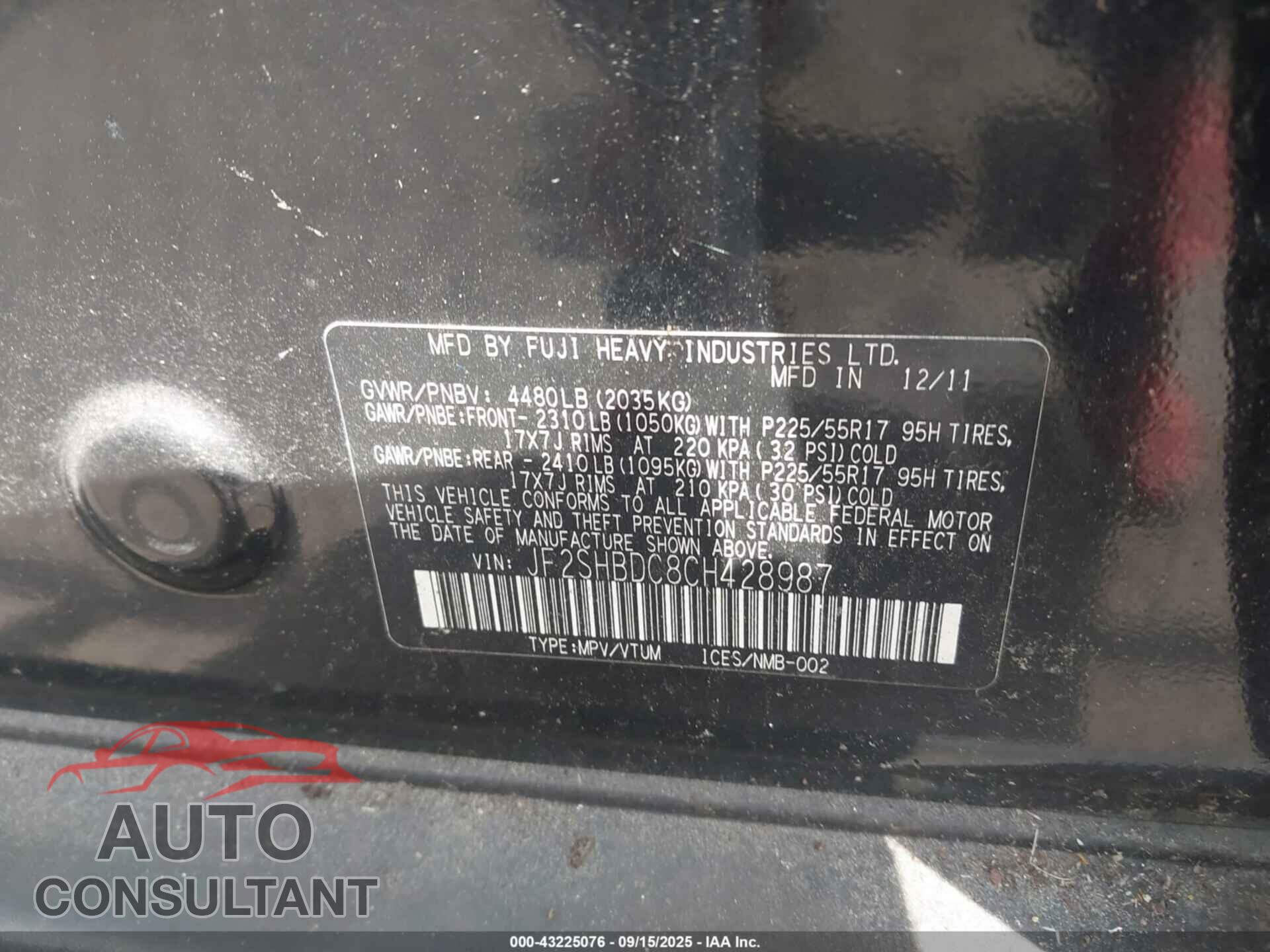 SUBARU FORESTER 2012 - JF2SHBDC8CH428987