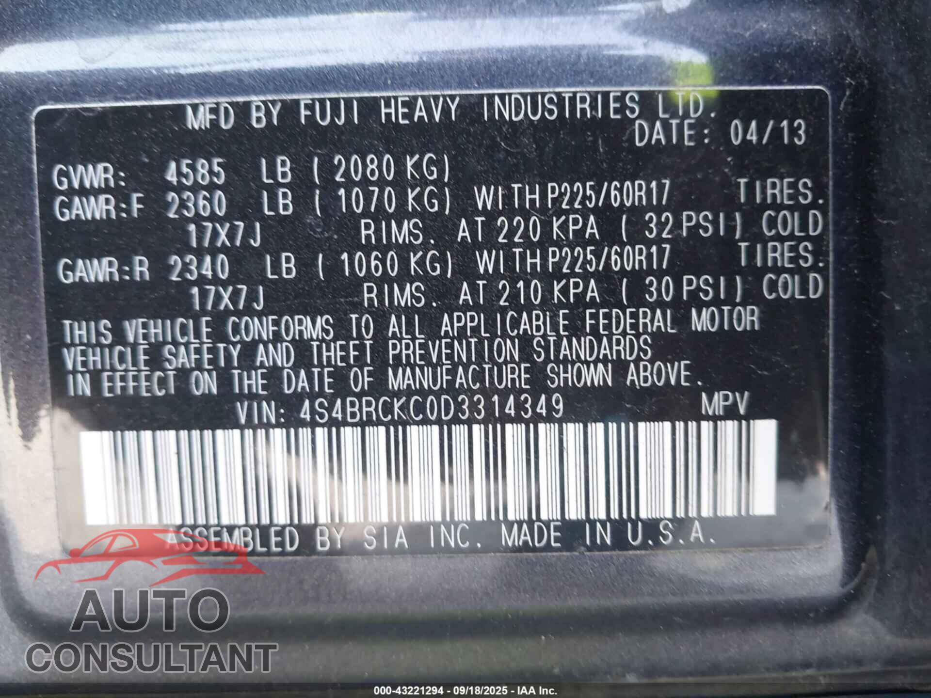 SUBARU OUTBACK 2013 - 4S4BRCKC0D3314349