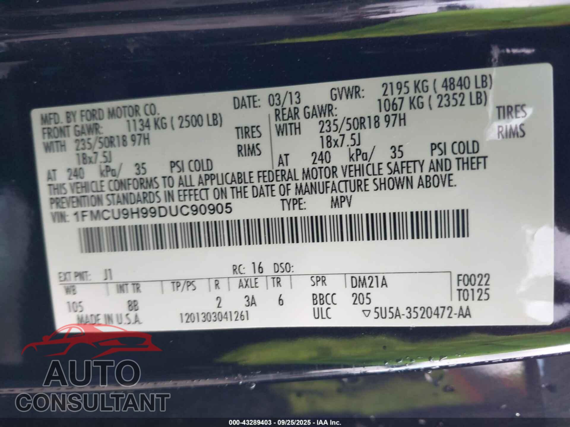 FORD ESCAPE 2013 - 1FMCU9H99DUC90905