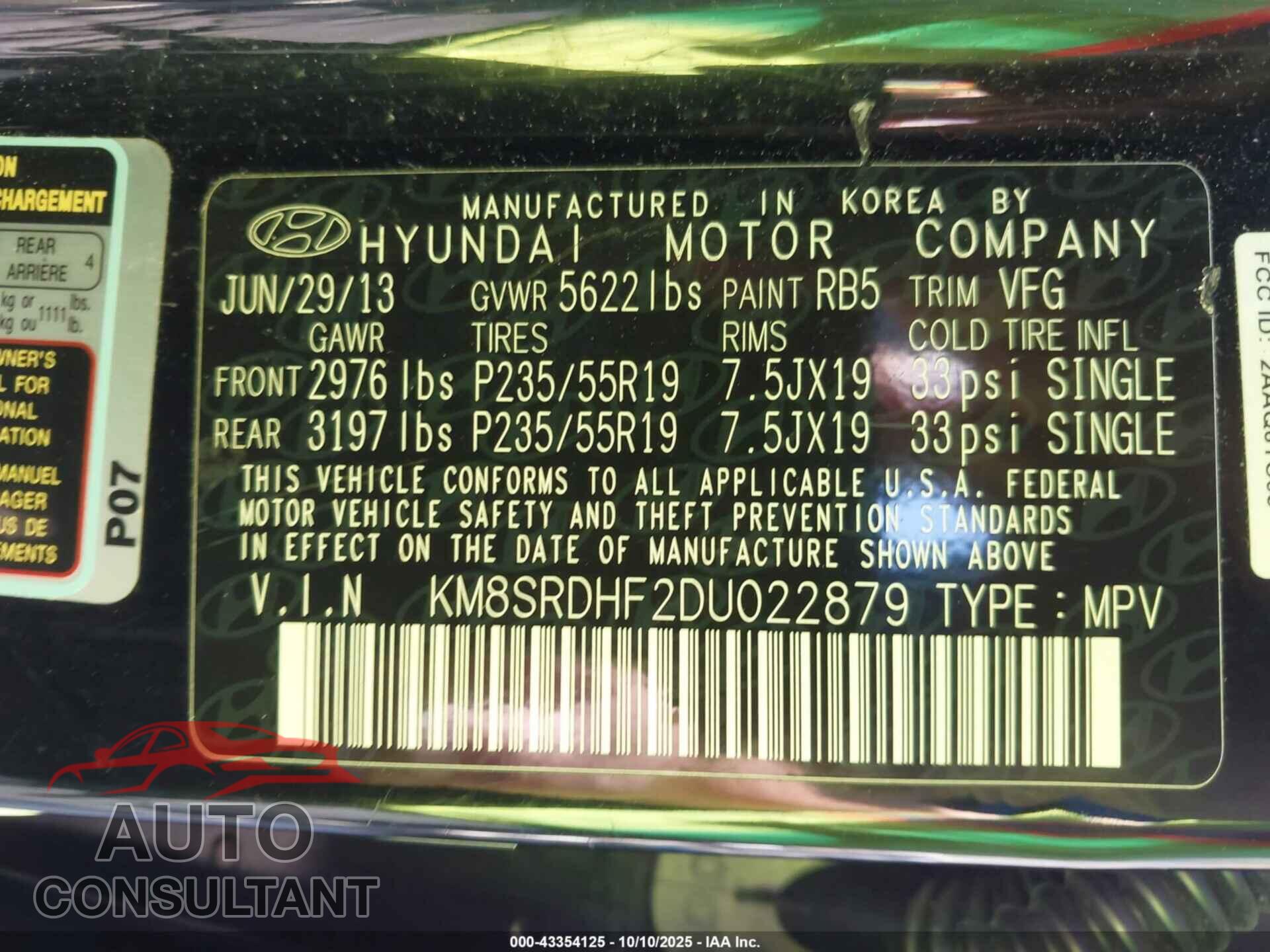 HYUNDAI SANTA FE 2013 - KM8SRDHF2DU022879