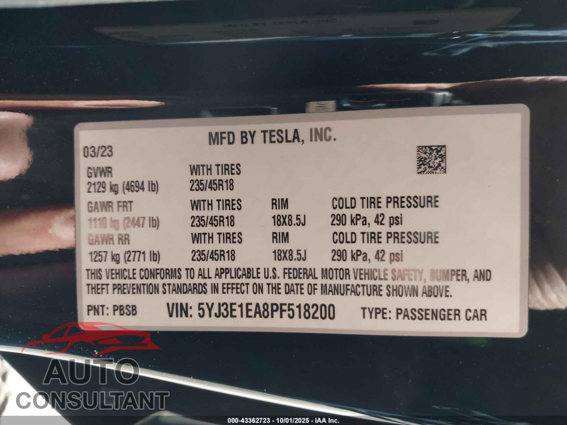 TESLA MODEL 3 2023 - 5YJ3E1EA8PF518200