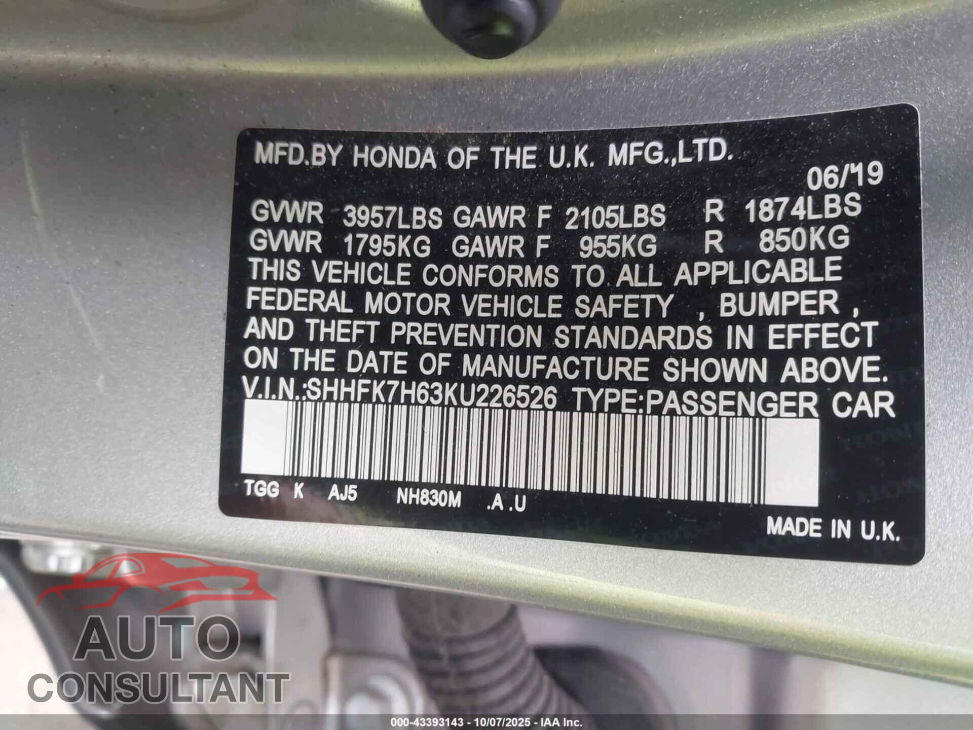 HONDA CIVIC 2019 - SHHFK7H63KU226526