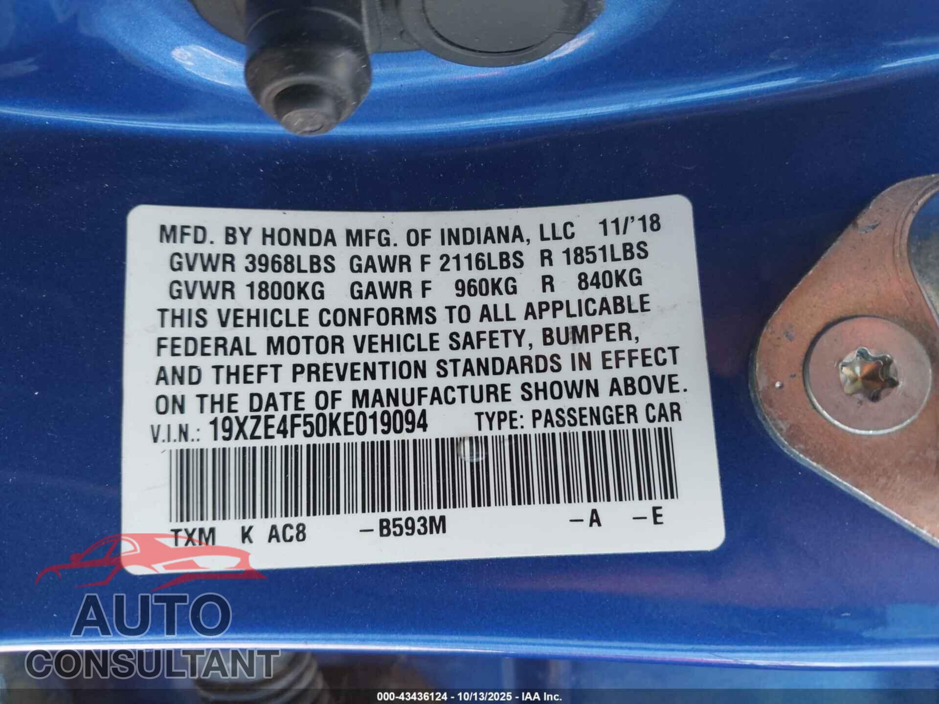 HONDA INSIGHT 2019 - 19XZE4F50KE019094