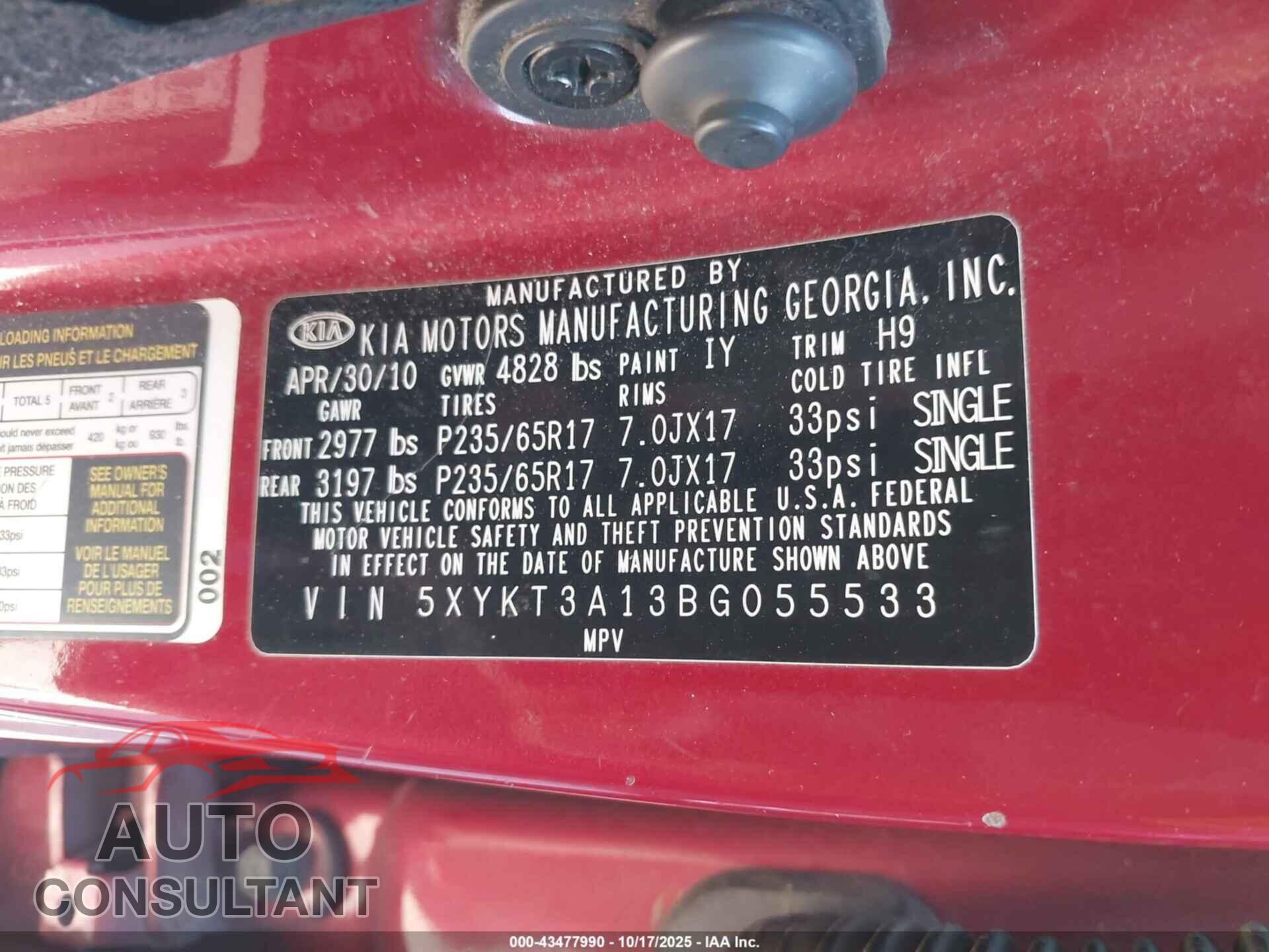 KIA SORENTO 2011 - 5XYKT3A13BG055533