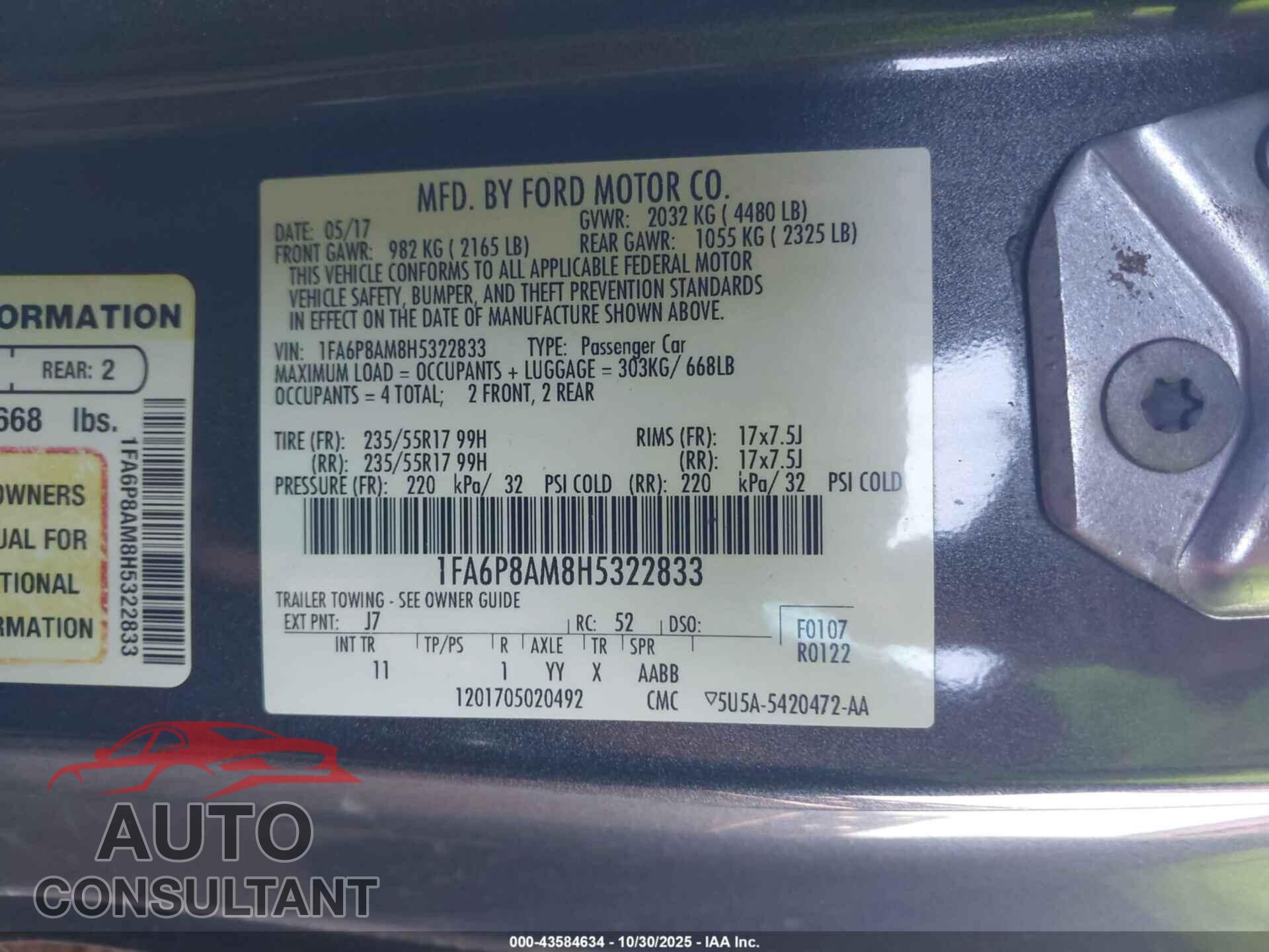 FORD MUSTANG 2017 - 1FA6P8AM8H5322833