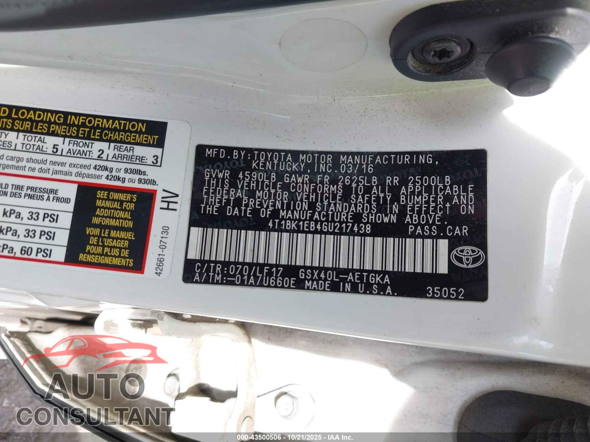 TOYOTA AVALON 2016 - 4T1BK1EB4GU217438