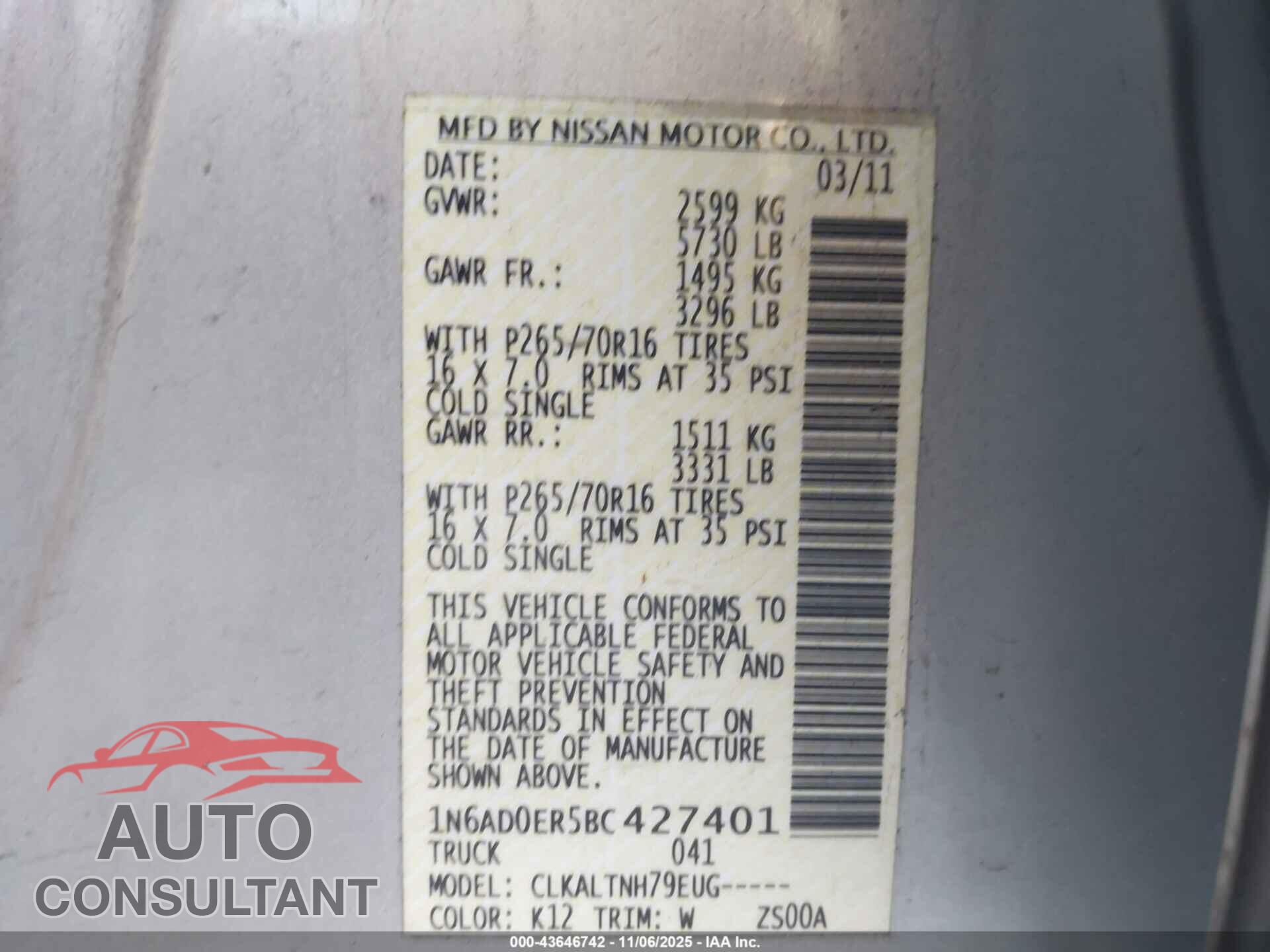 NISSAN FRONTIER 2011 - 1N6AD0ER5BC427401