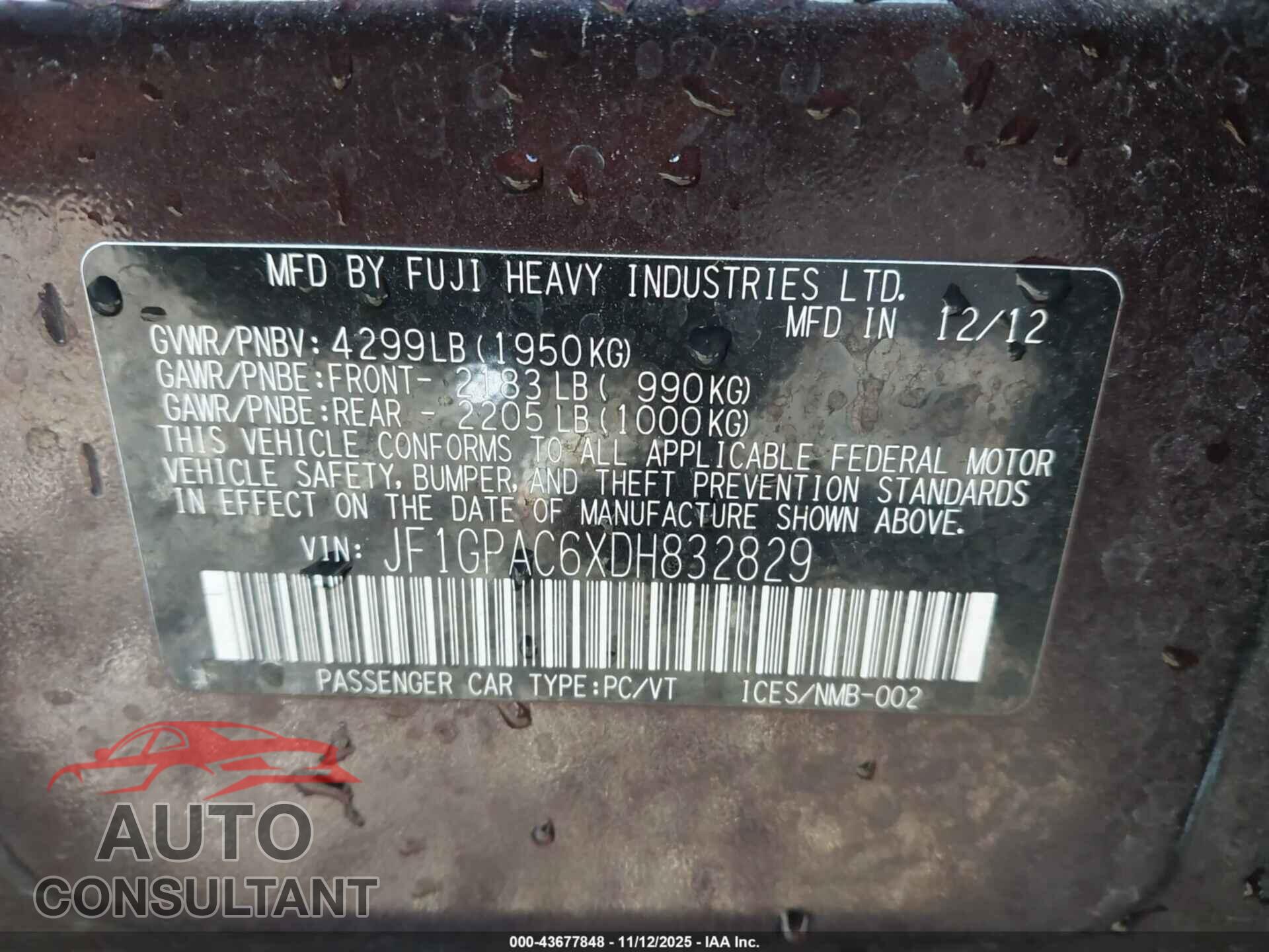 SUBARU IMPREZA 2013 - JF1GPAC6XDH832829