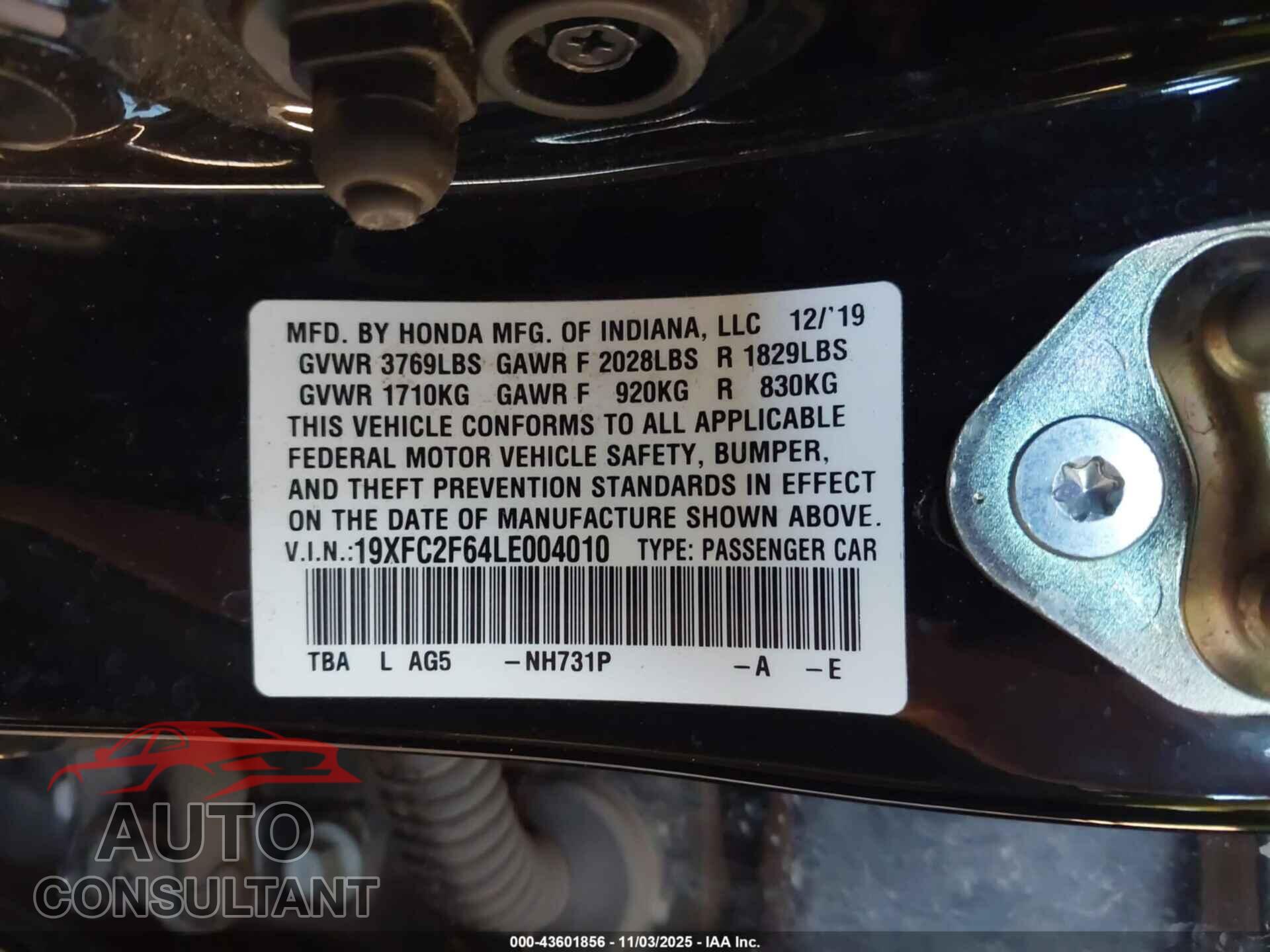 HONDA CIVIC 2020 - 19XFC2F64LE004010