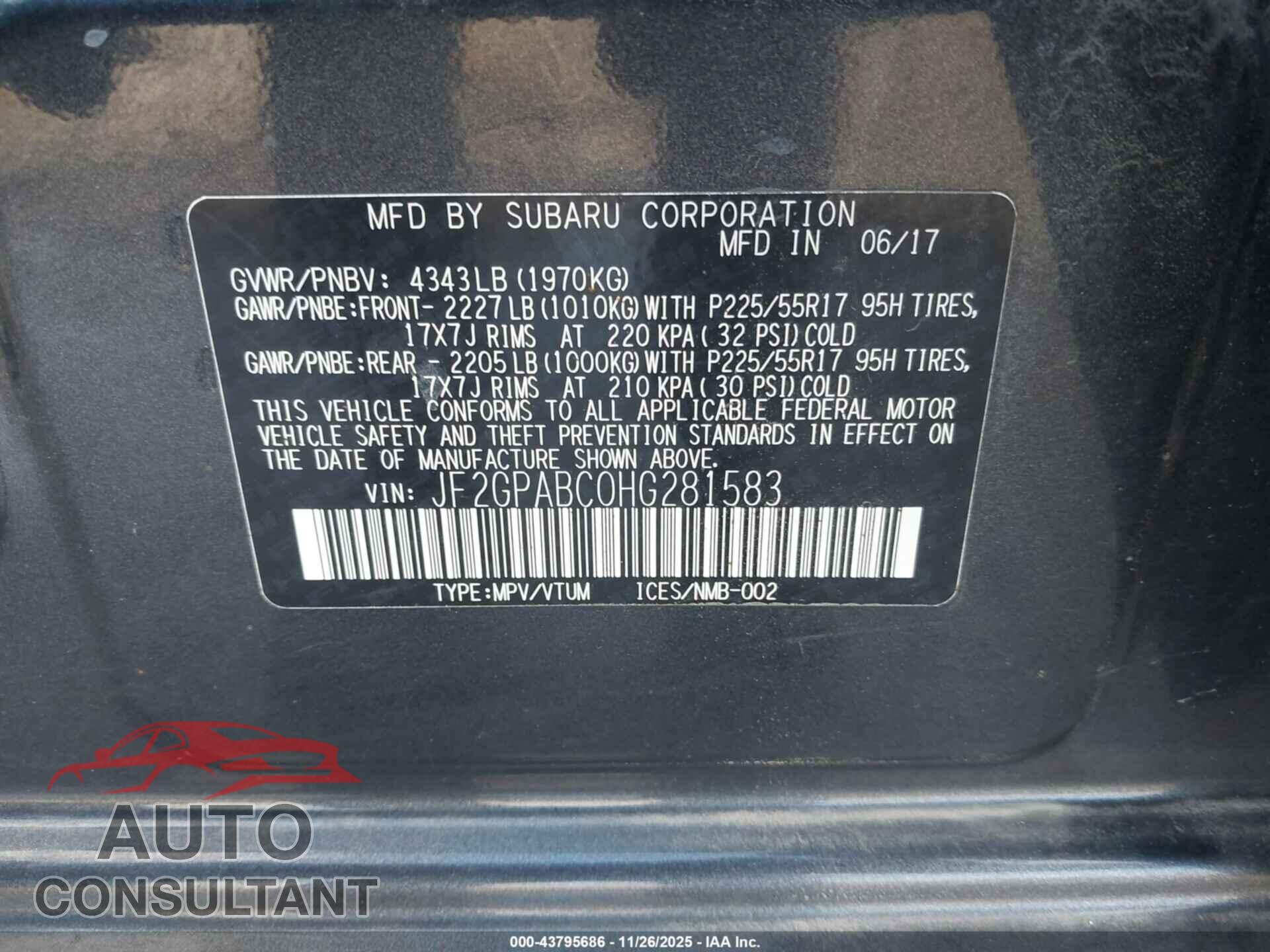 SUBARU CROSSTREK 2017 - JF2GPABC0HG281583