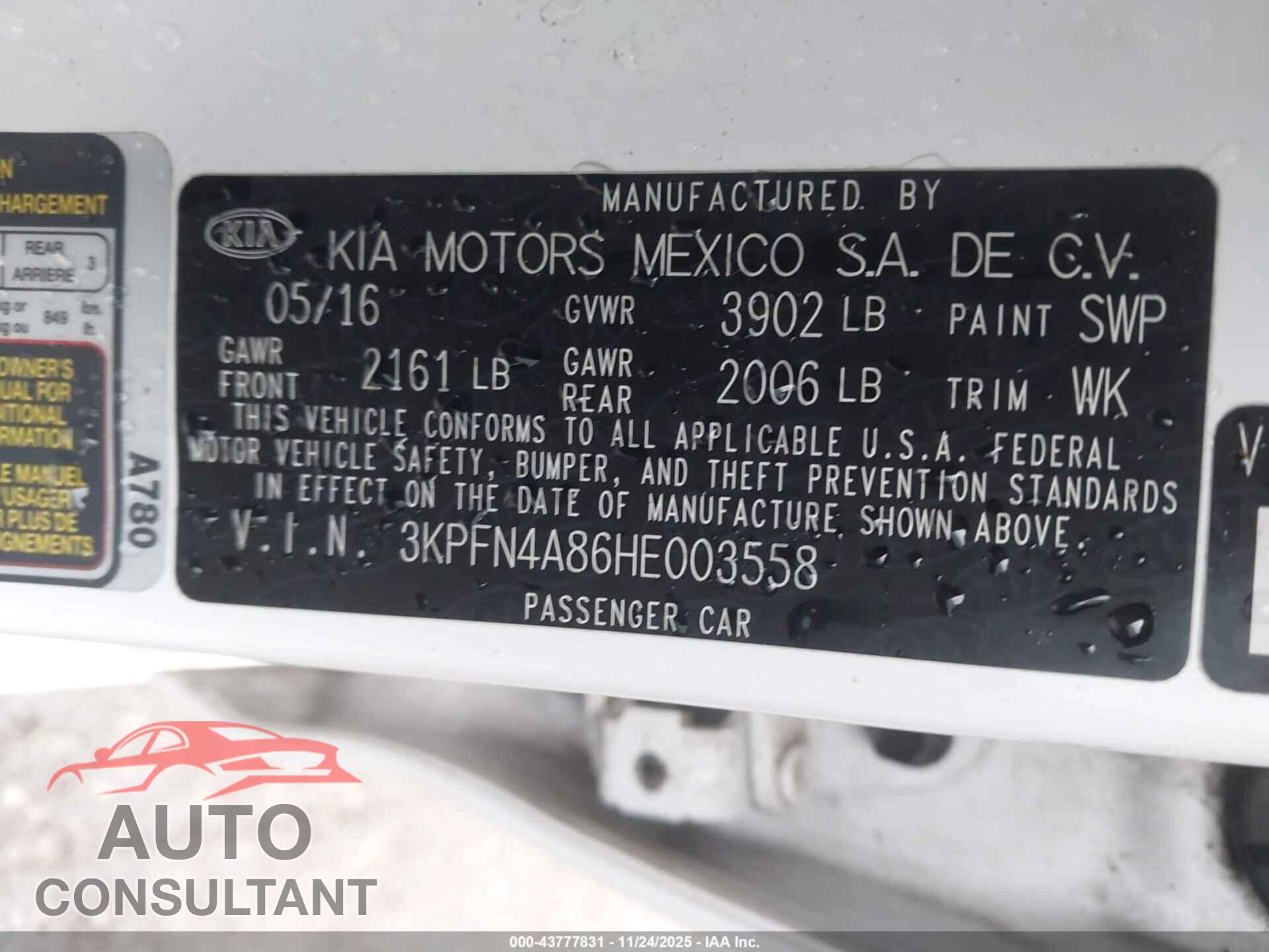 KIA FORTE 2017 - 3KPFN4A86HE003558