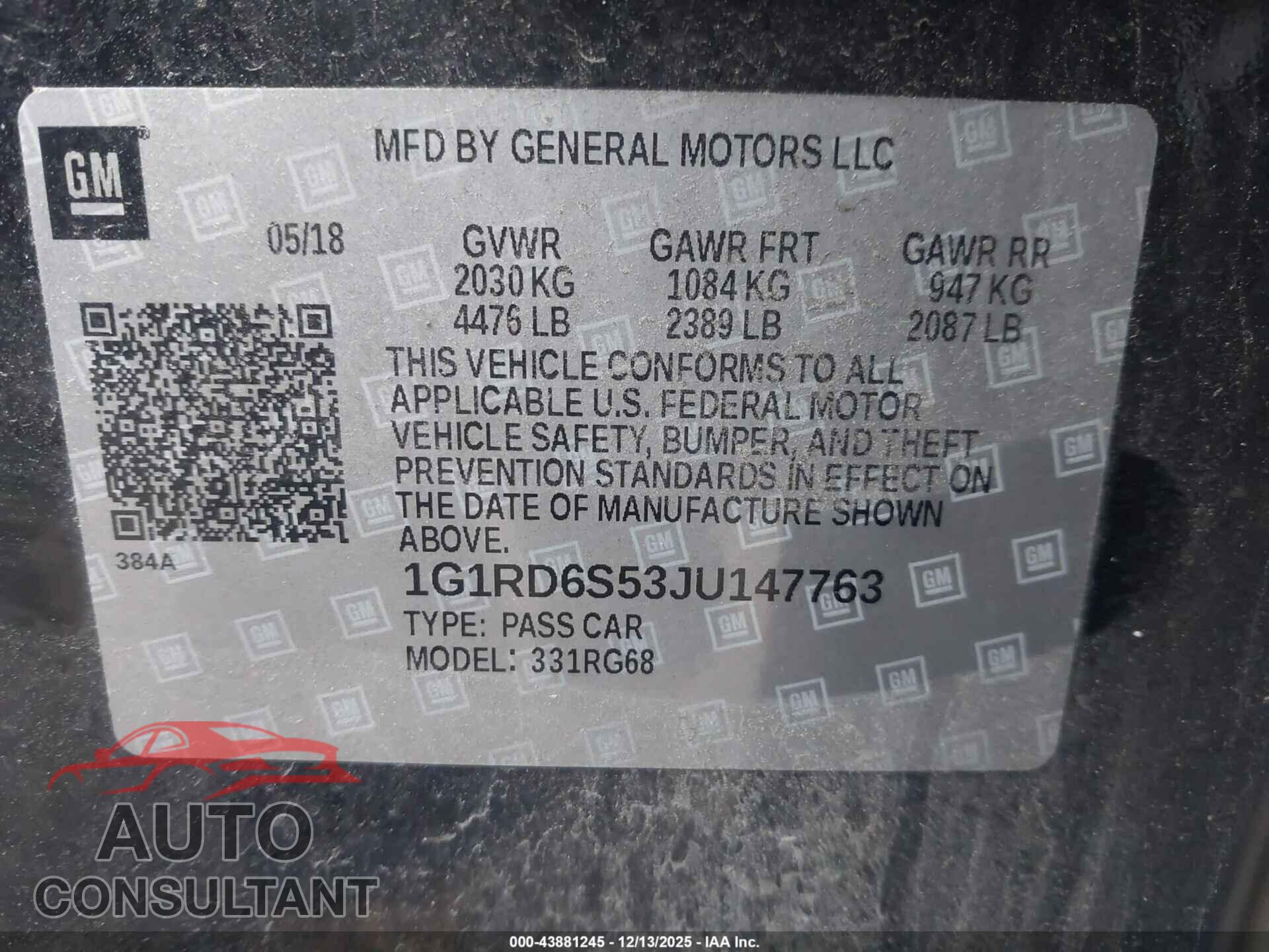 CHEVROLET VOLT 2018 - 1G1RD6S53JU147763