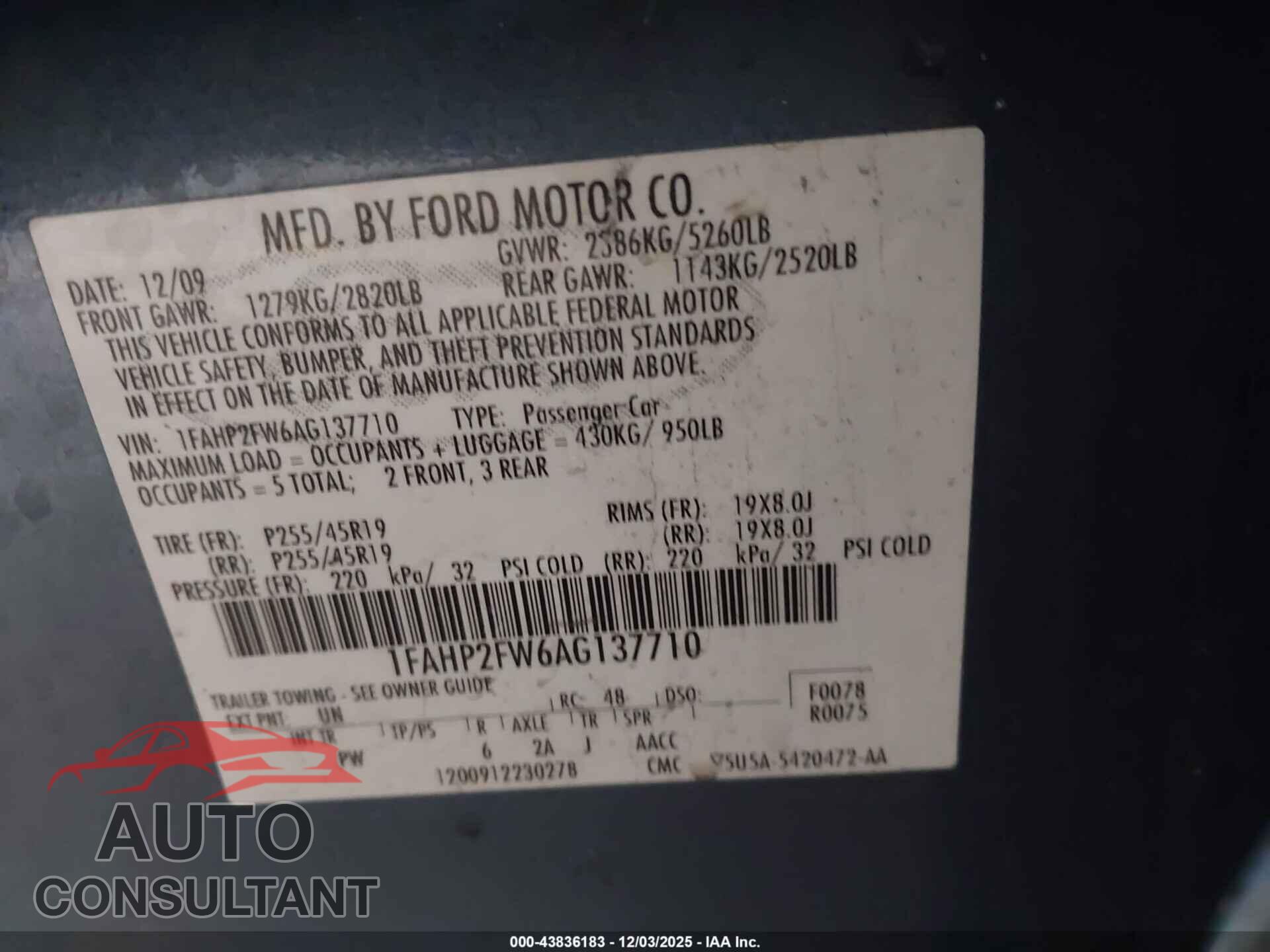 FORD TAURUS 2010 - 1FAHP2FW6AG137710