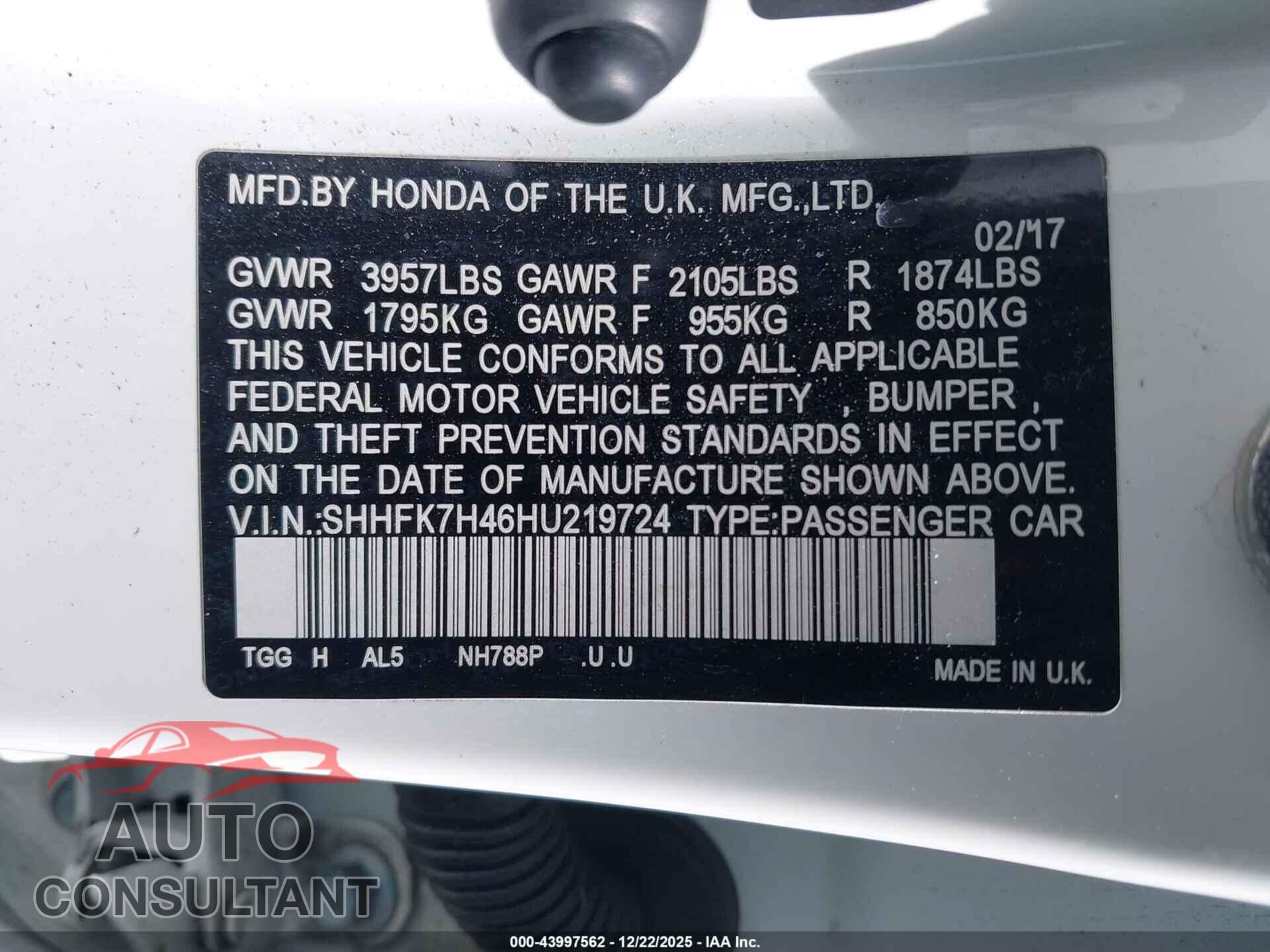 HONDA CIVIC 2017 - SHHFK7H46HU219724