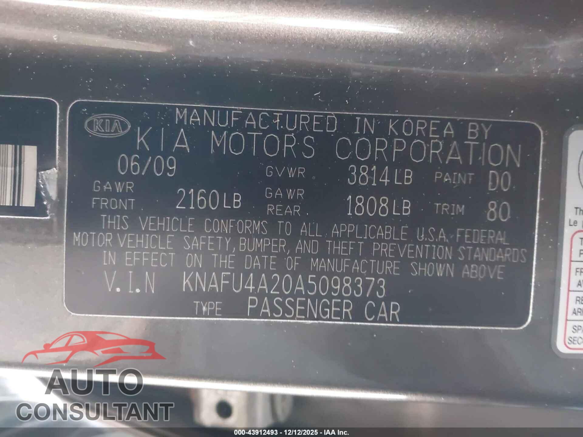 KIA FORTE 2010 - KNAFU4A20A5098373