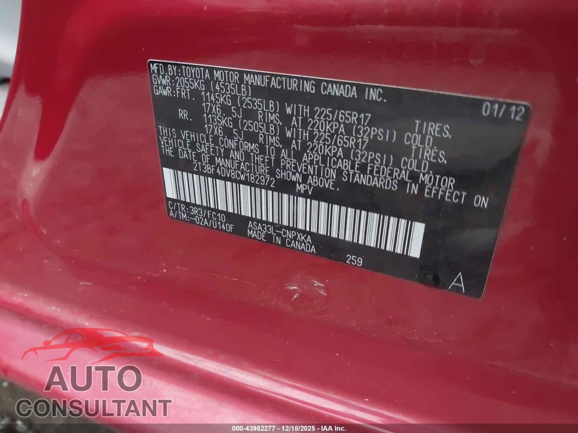 TOYOTA RAV4 2012 - 2T3BF4DV8CW182972