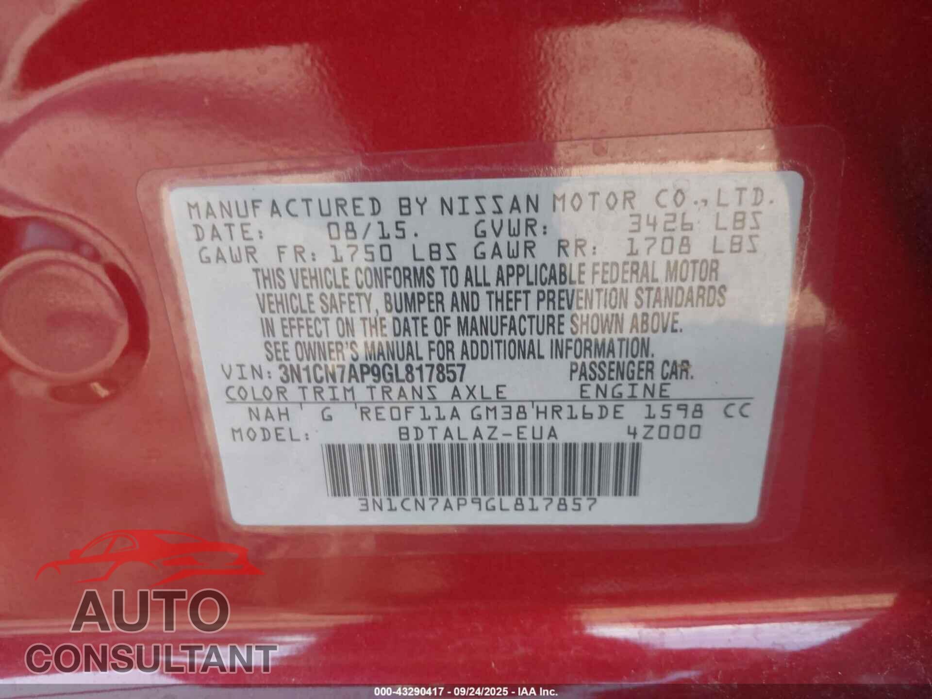NISSAN VERSA 2016 - 3N1CN7AP9GL817857