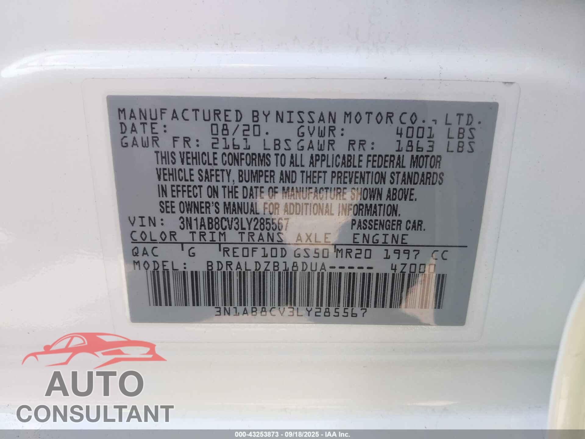 NISSAN SENTRA 2020 - 3N1AB8CV3LY285567