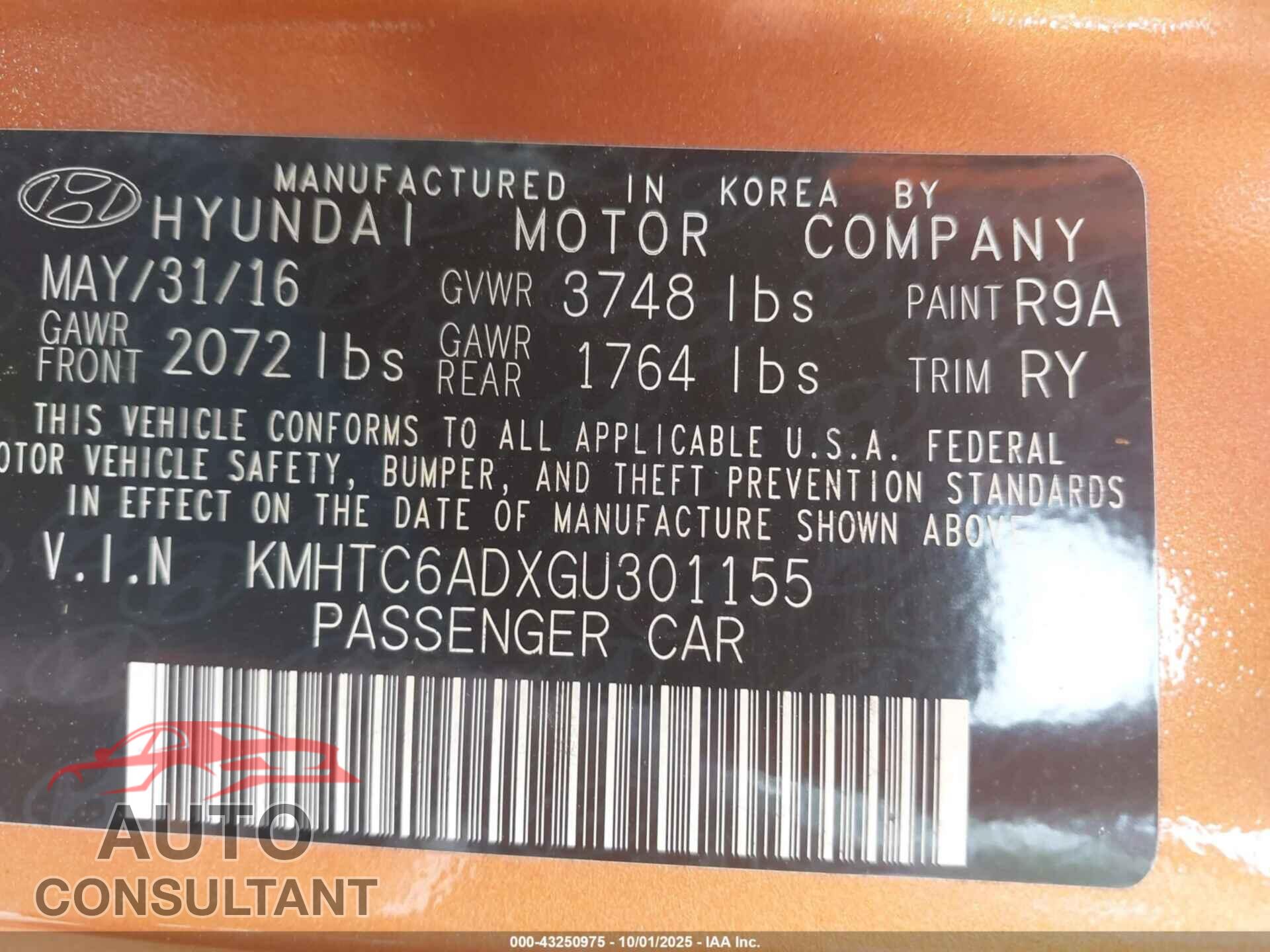 HYUNDAI VELOSTER 2016 - KMHTC6ADXGU301155