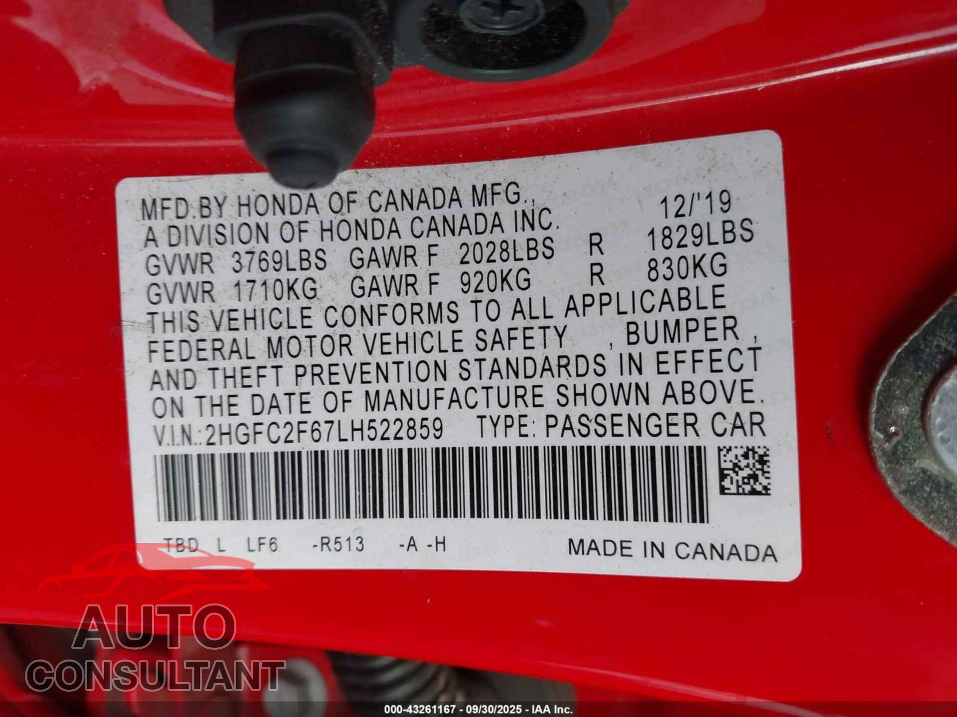 HONDA CIVIC 2020 - 2HGFC2F67LH522859