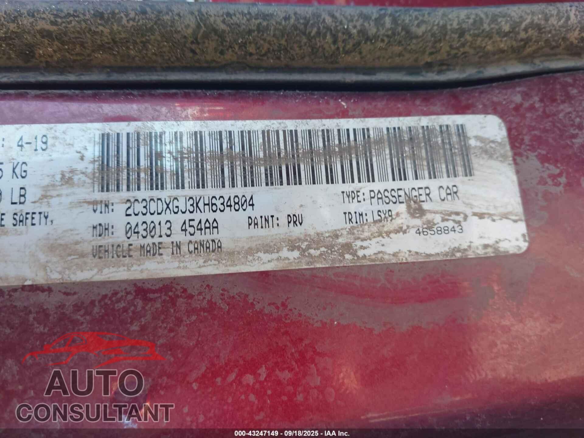DODGE CHARGER 2019 - 2C3CDXGJ3KH634804