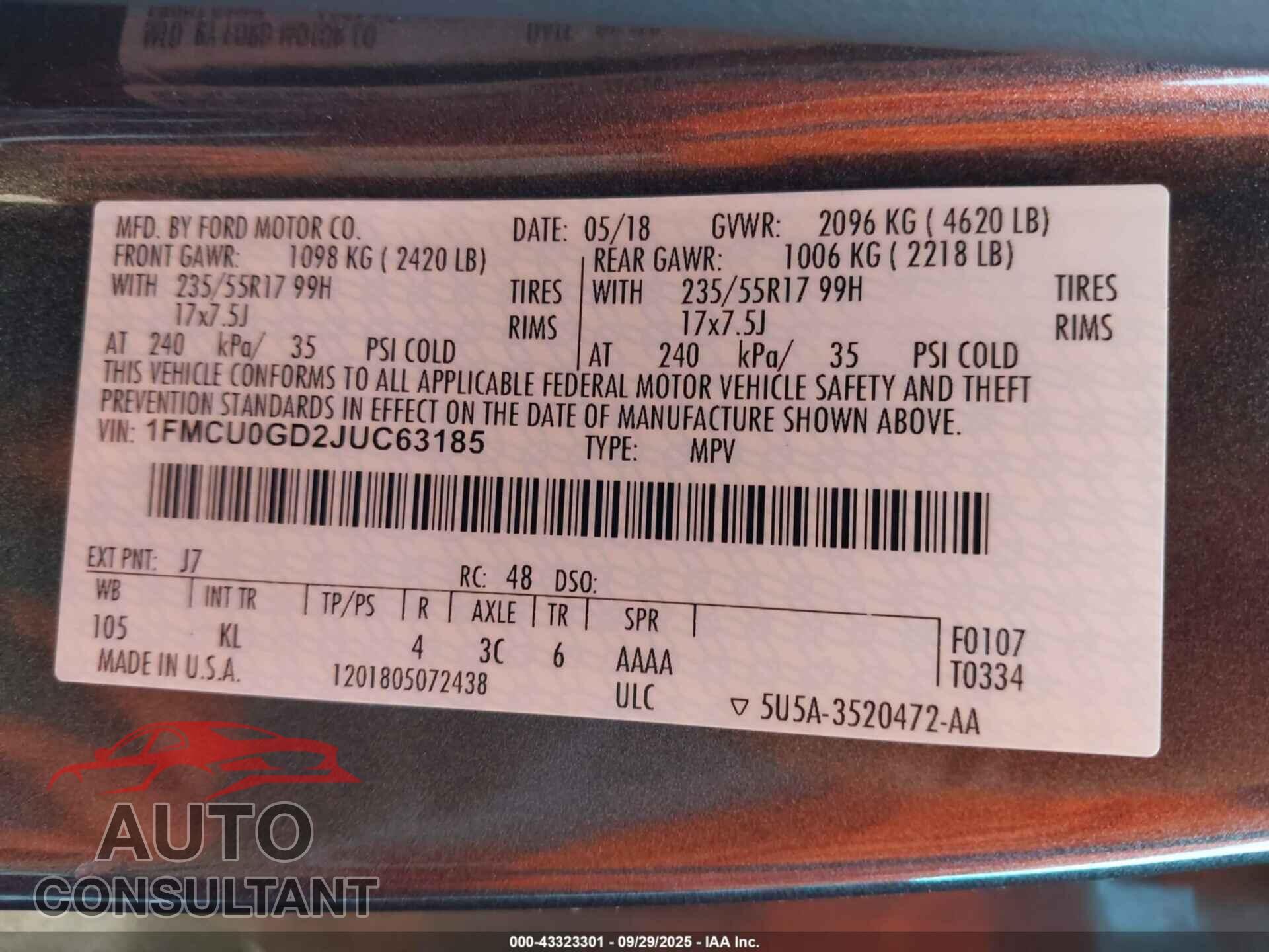 FORD ESCAPE 2018 - 1FMCU0GD2JUC63185