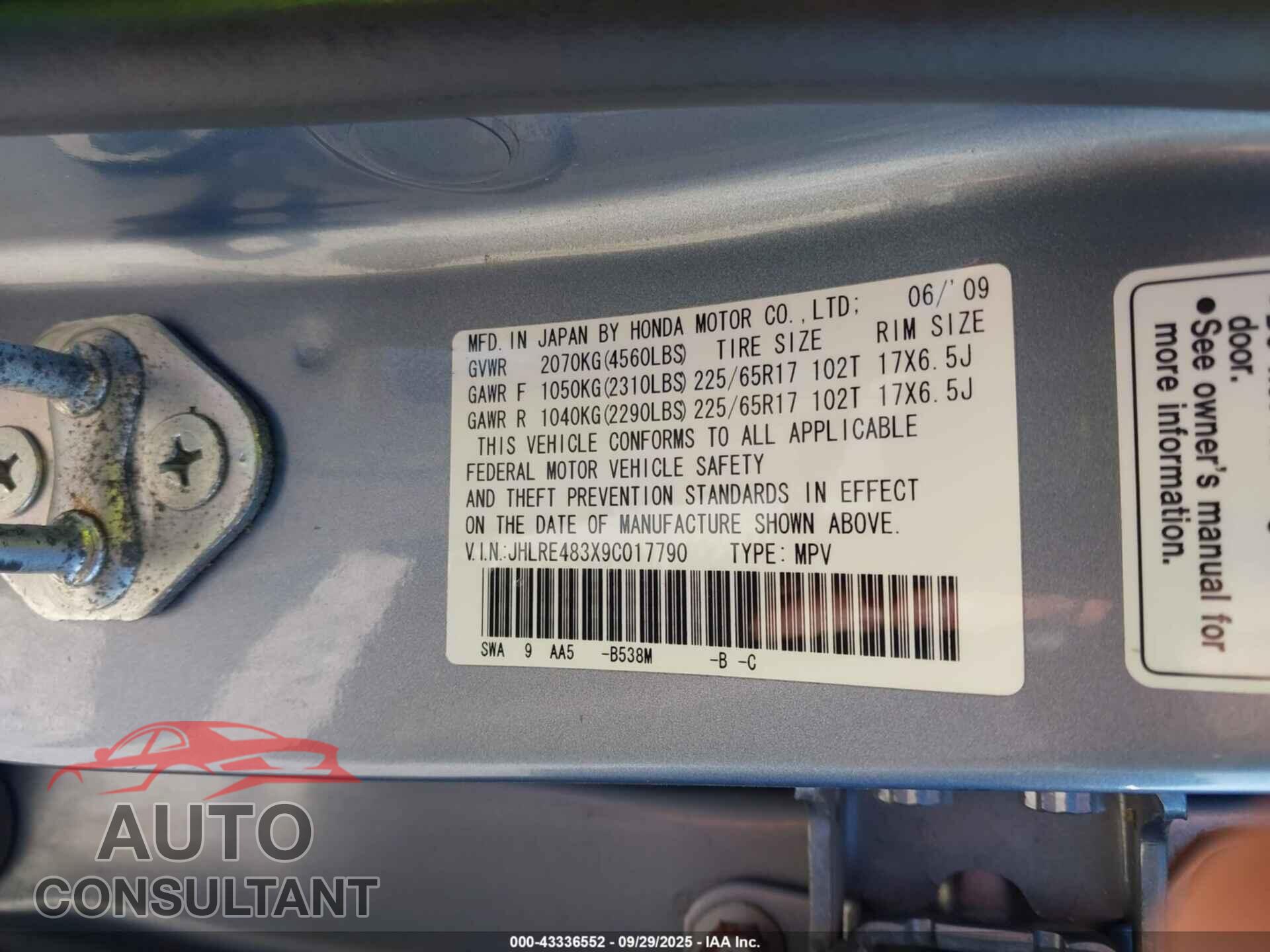 HONDA CR-V 2009 - JHLRE483X9C017790