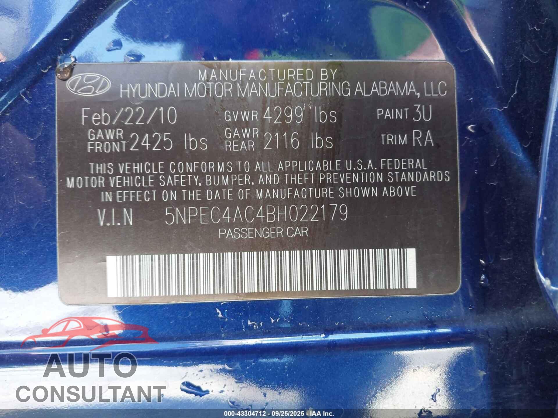 HYUNDAI SONATA 2011 - 5NPEC4AC4BH022179