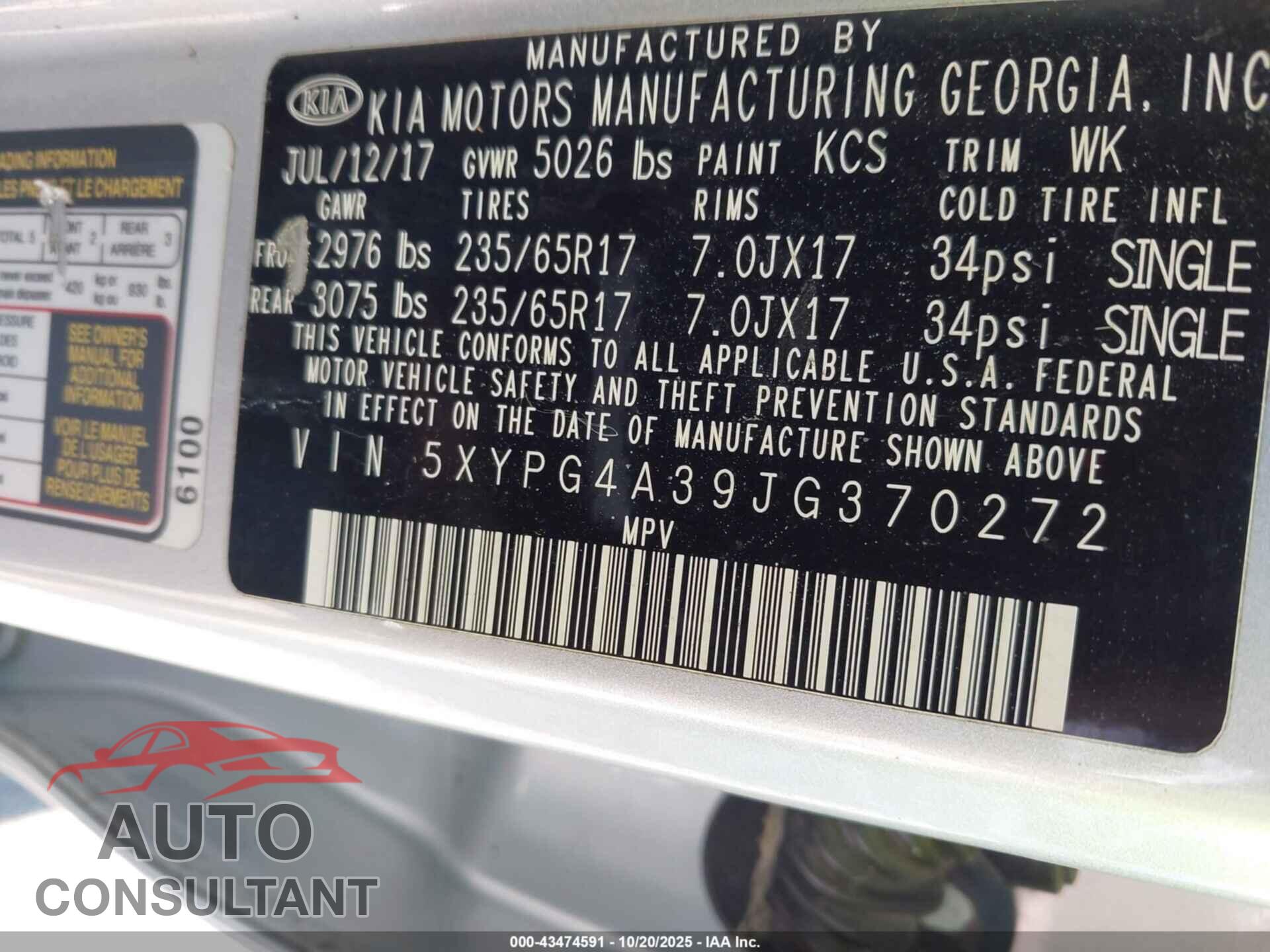 KIA SORENTO 2018 - 5XYPG4A39JG370272