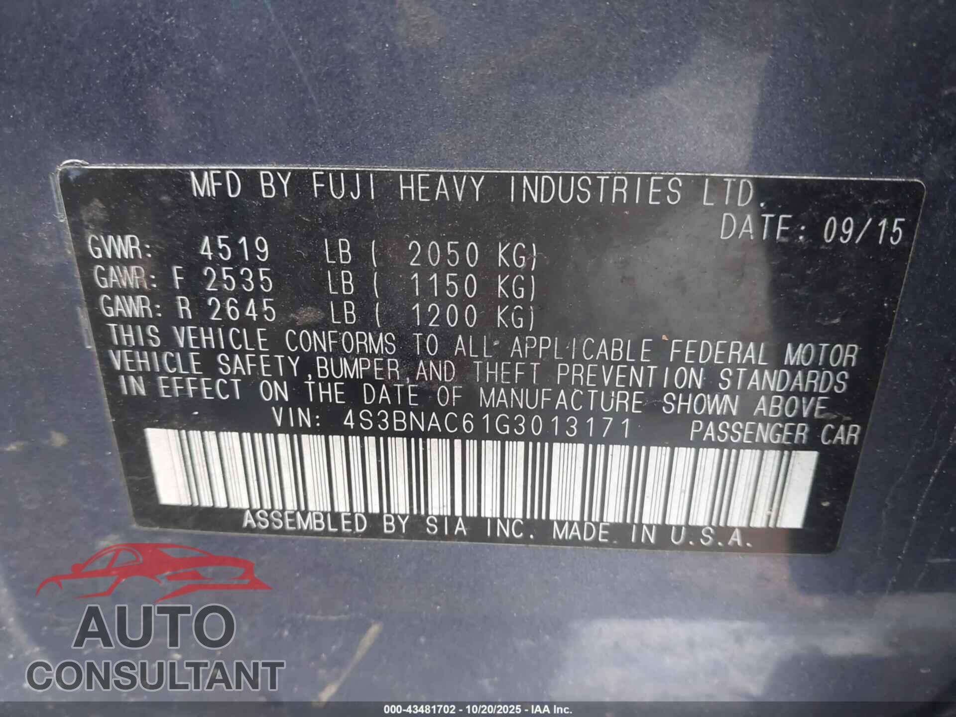 SUBARU LEGACY 2016 - 4S3BNAC61G3013171