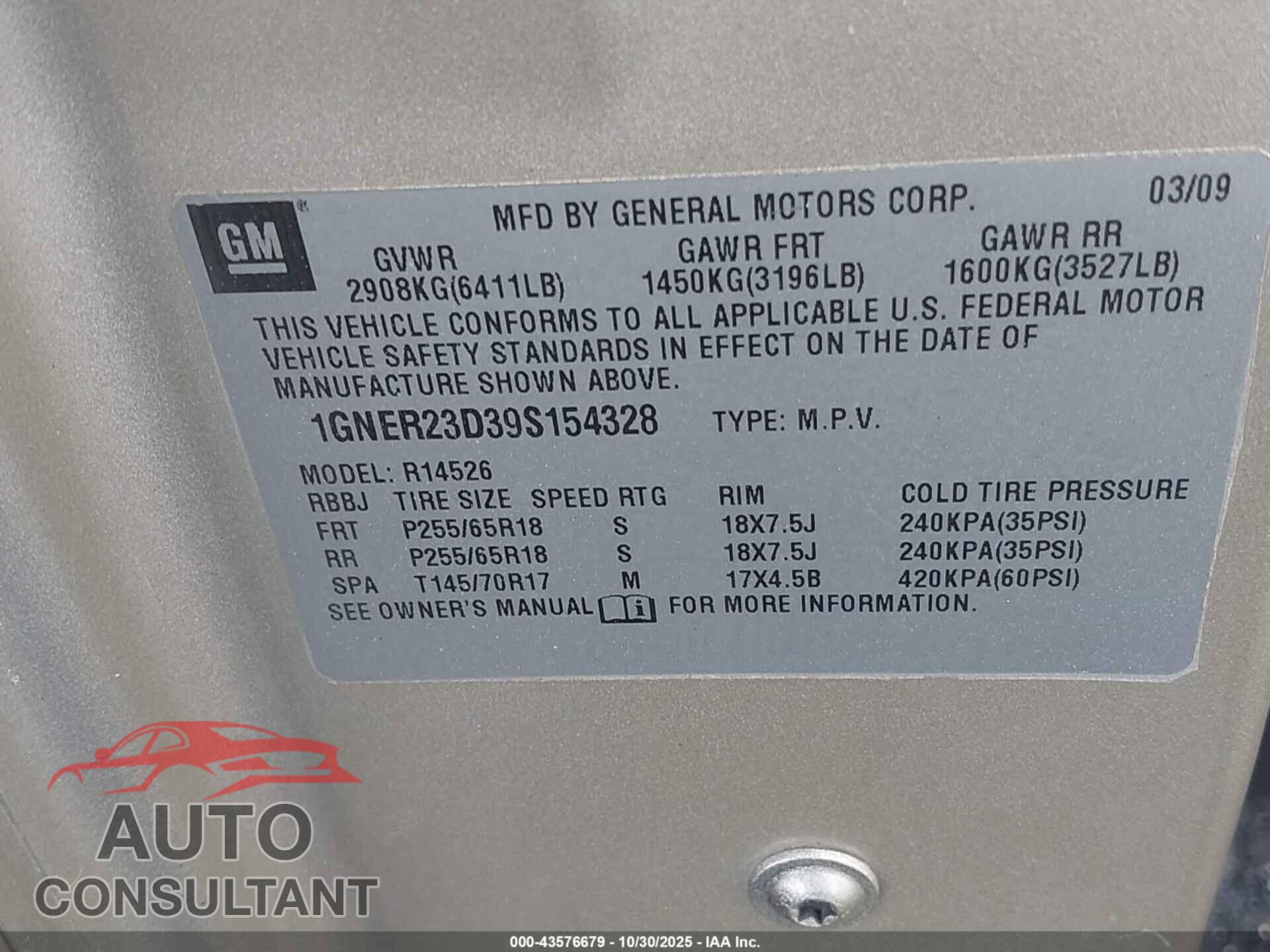 CHEVROLET TRAVERSE 2009 - 1GNER23D39S154328