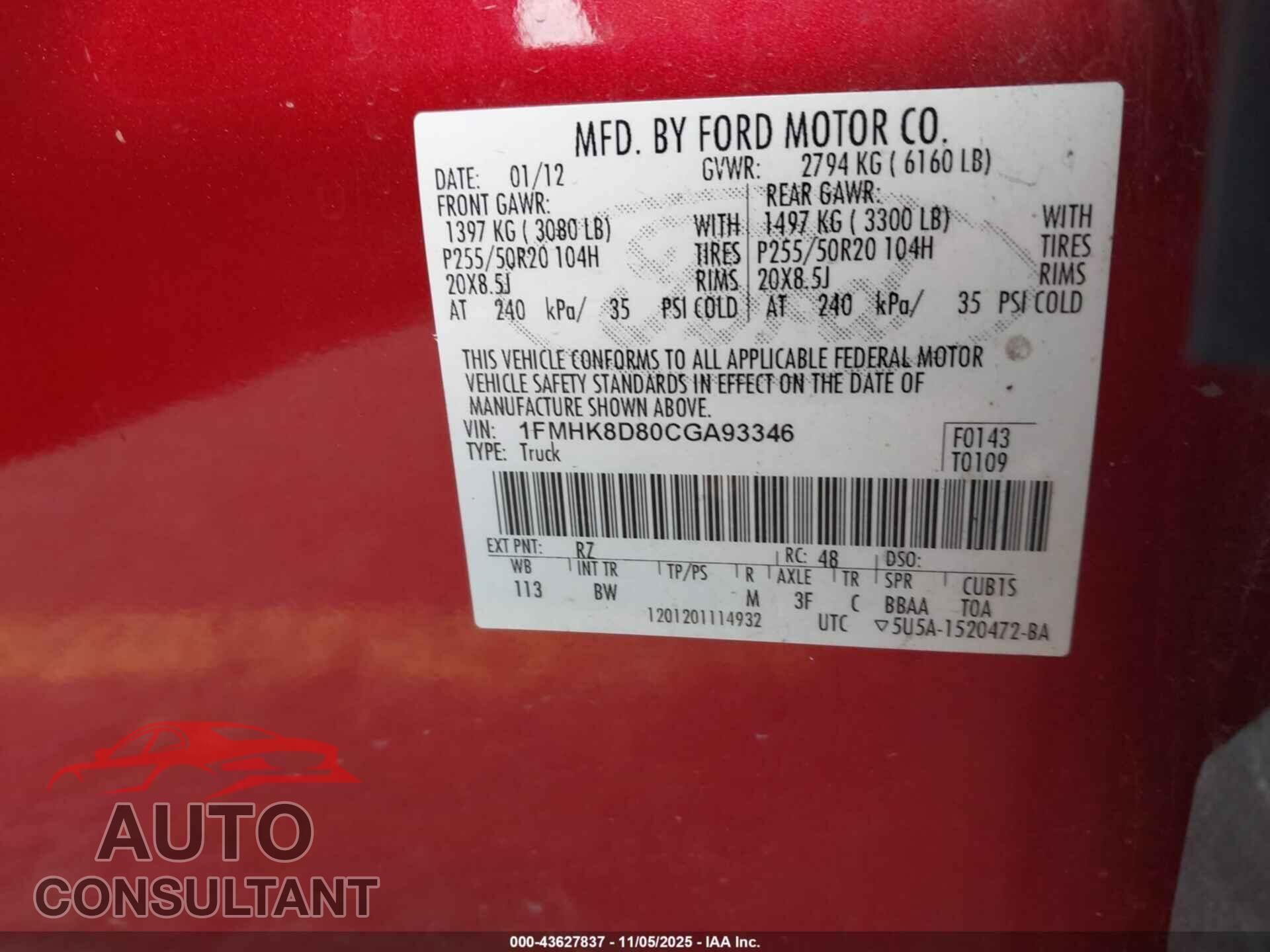 FORD EXPLORER 2012 - 1FMHK8D80CGA93346