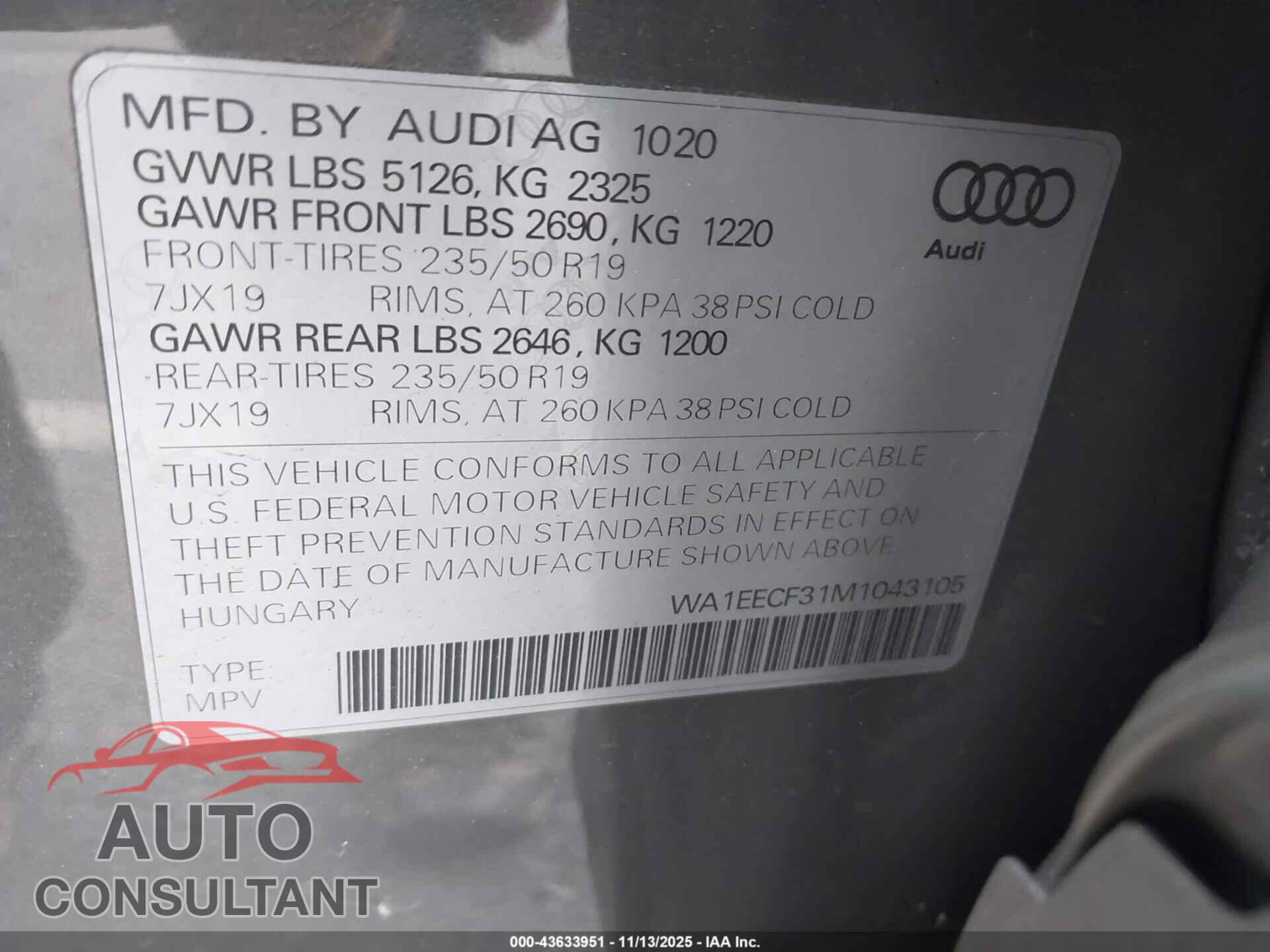 AUDI Q3 2021 - WA1EECF31M1043105