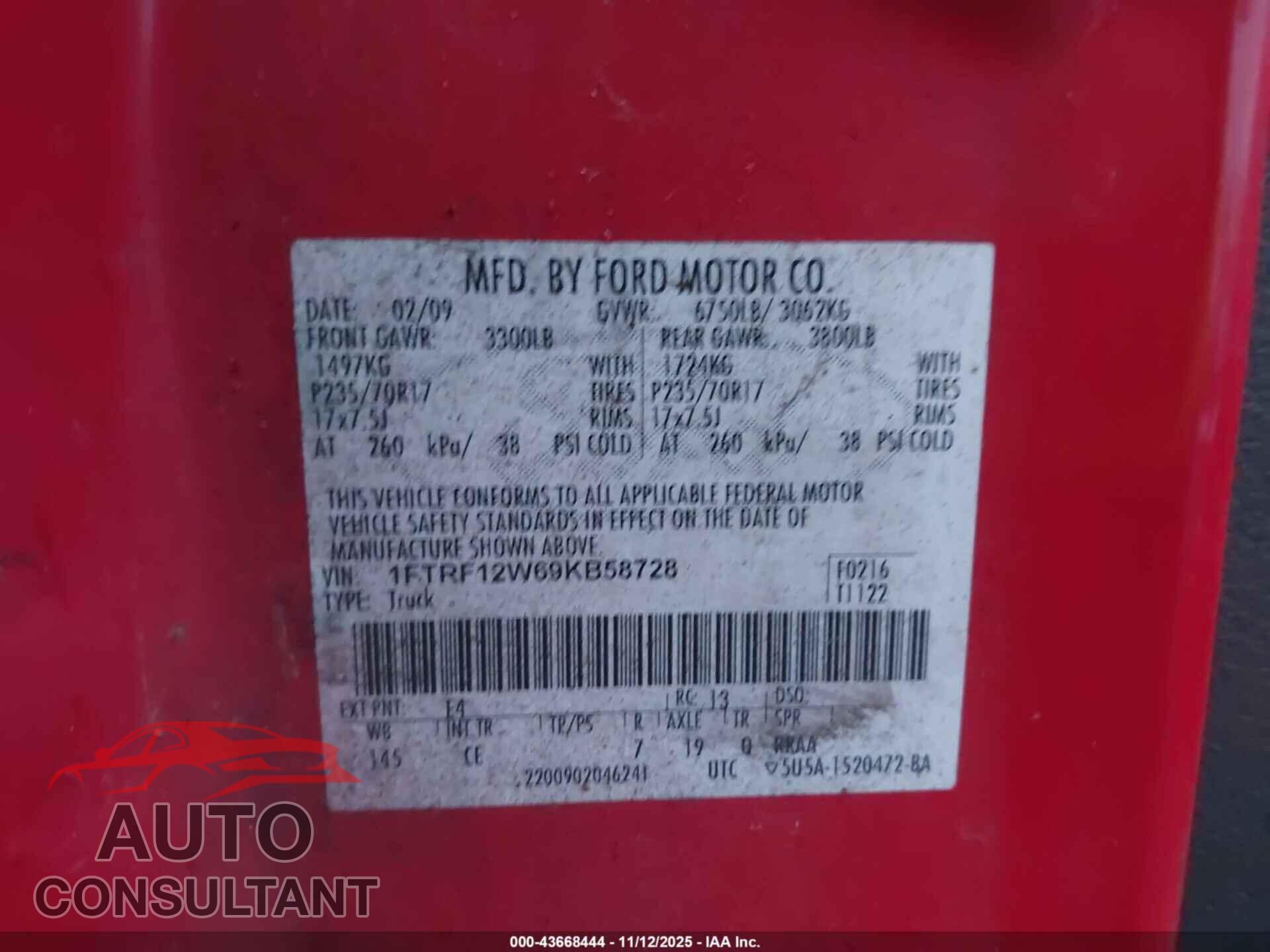 FORD F-150 2009 - 1FTRF12W69KB58728