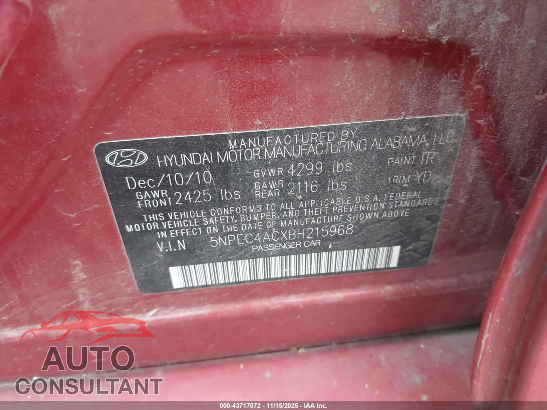 HYUNDAI SONATA 2011 - 5NPEC4ACXBH215968
