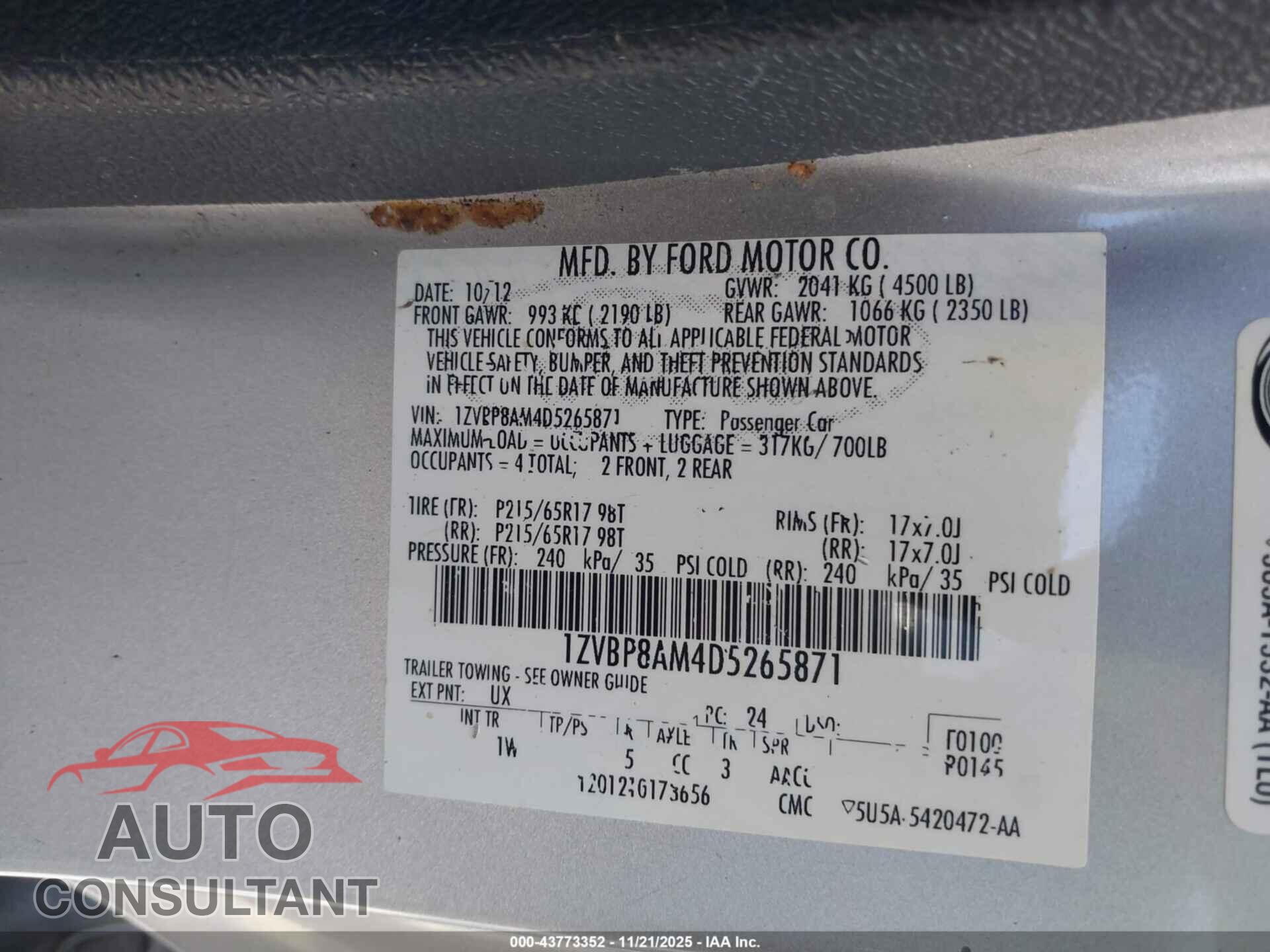 FORD MUSTANG 2013 - 1ZVBP8AM4D5265871