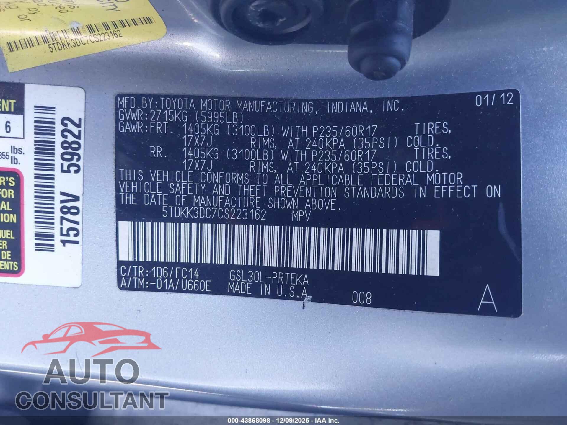 TOYOTA SIENNA 2012 - 5TDKK3DC7CS223162