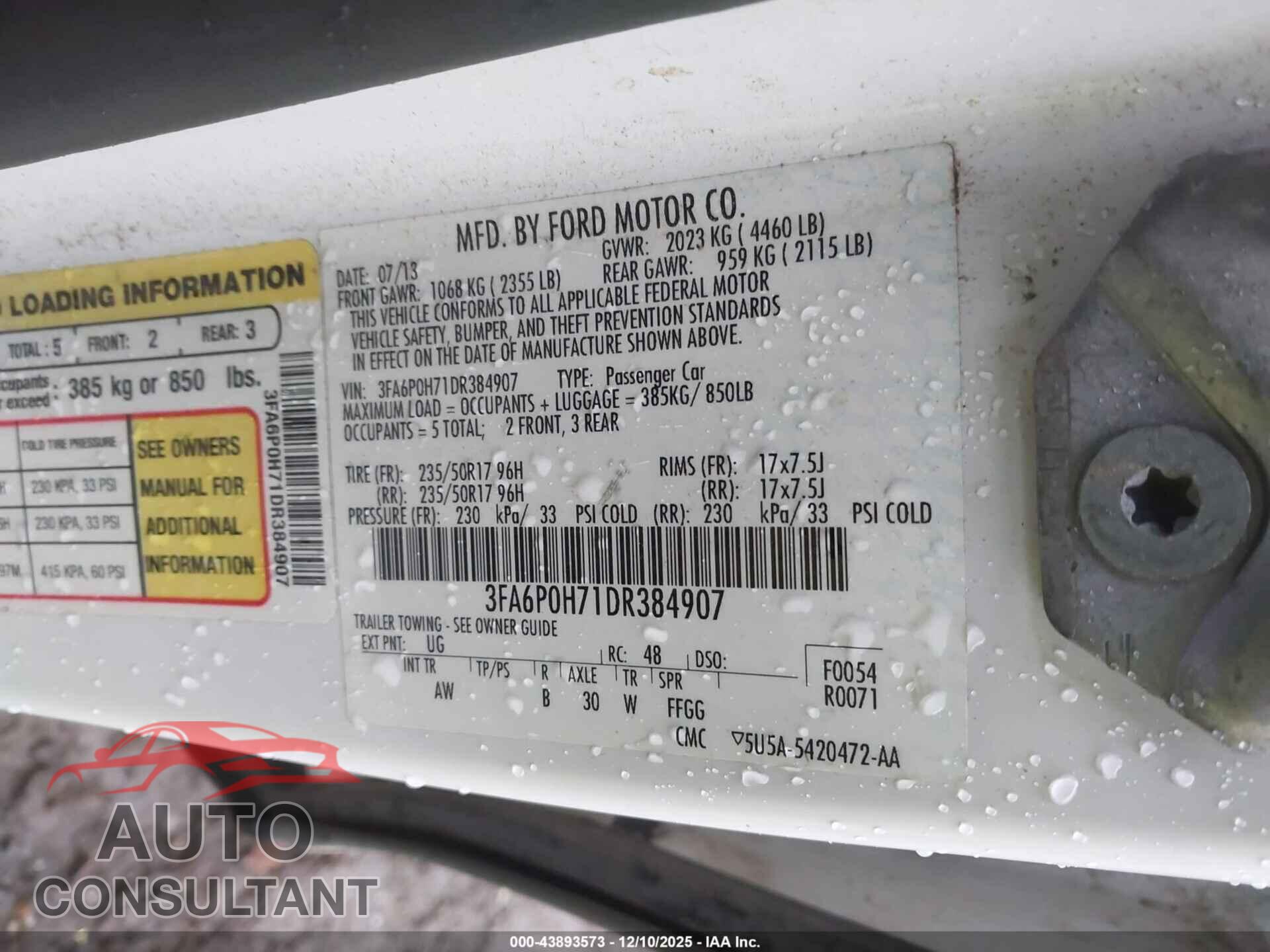 FORD FUSION 2013 - 3FA6P0H71DR384907