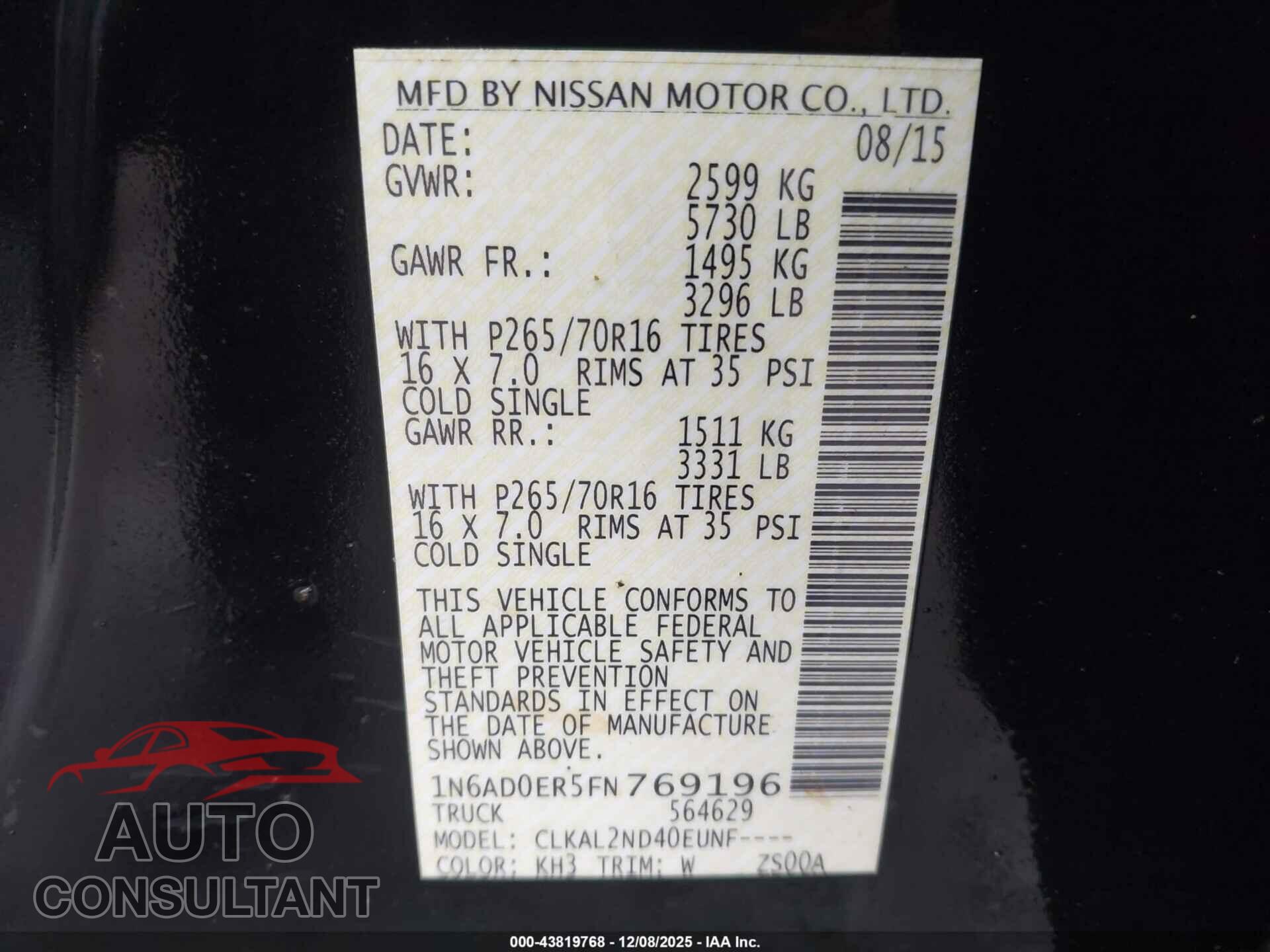 NISSAN FRONTIER 2015 - 1N6AD0ER5FN769196